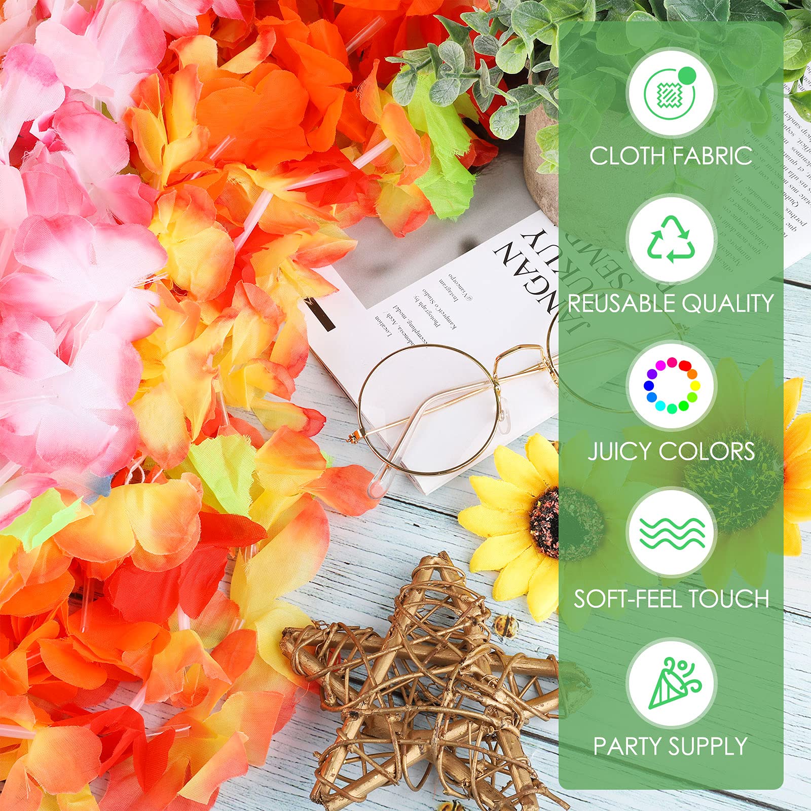 Atonofun 48 PCS Leis For Luau Party, Hawaiian Leis Bulk, Luau Party Glasses, Flowers Hair Clip Tropical Birthday Summer Beach Luau Party Favors Supplies