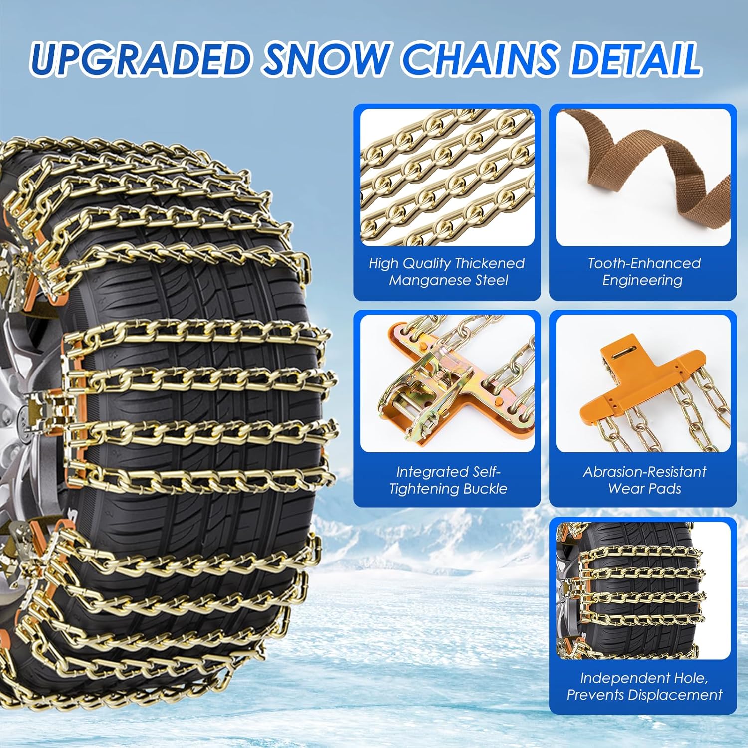 Qoosea Snow Chains for Car & SUV Iron Chain 4 Row Tire Chains Heavy Duty 6Pcs Universal Anti-Slip Chains for Tires Durable Tire Cables Snow Tire Chains