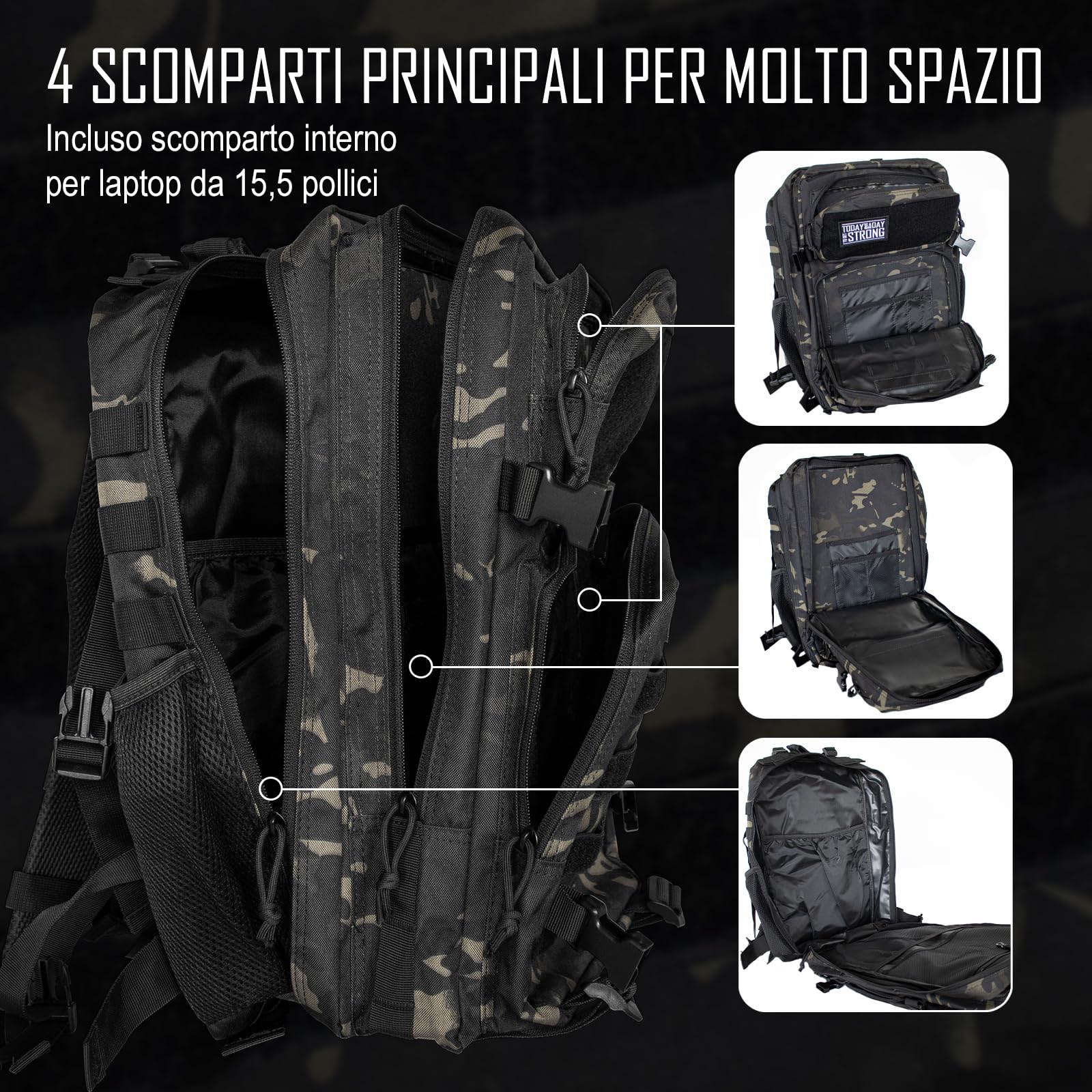 Strength Shop Zaino Militare con sistema Molle integrato, 45L, zaino crossfit con schienale imbottito & tasconetto per borracce, zaino tattico militare per attività outdoor.