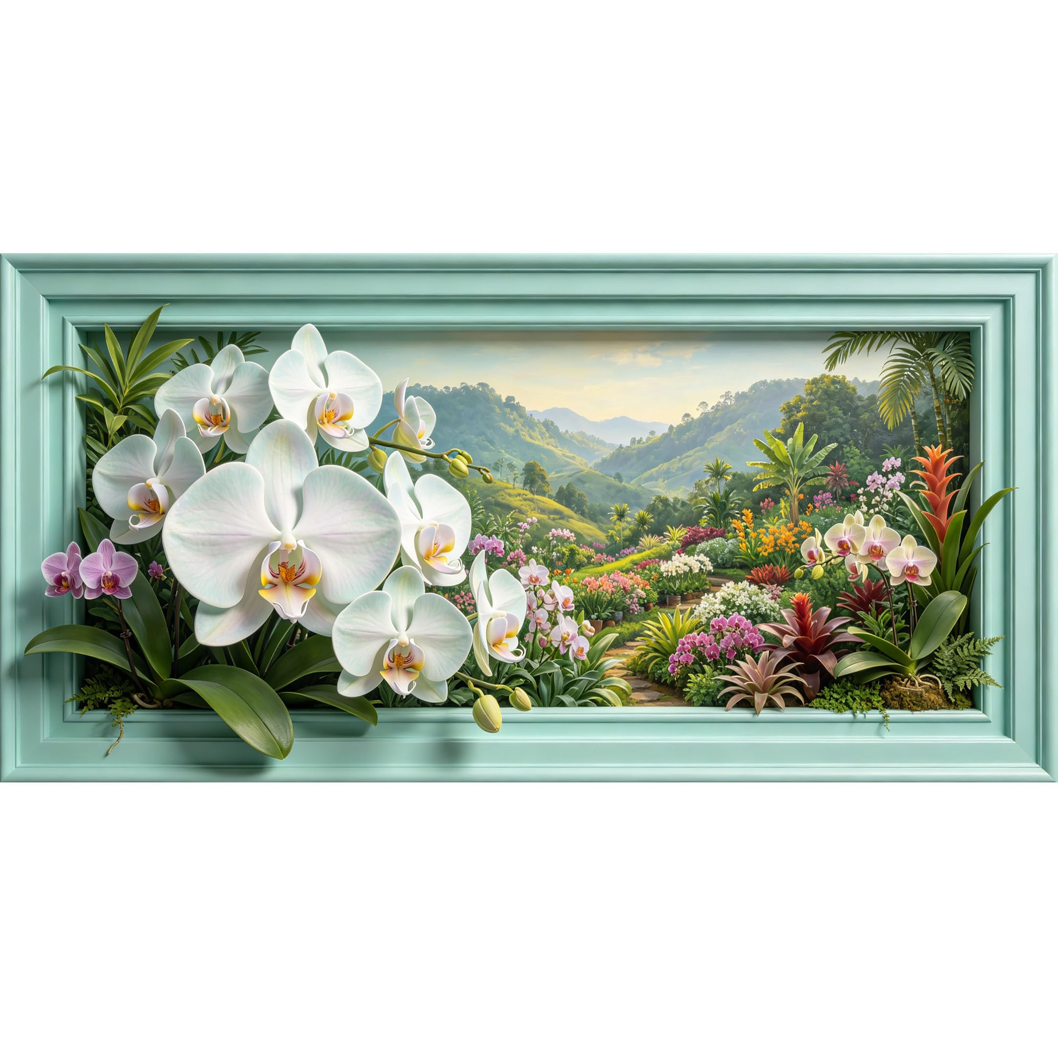 Agglomerix 3D Framed Wall Art Orchid Mountain Landscape Botanical Tropical Large Size Self-Adhesive Removable Wall Decor Prints Artwork for Living Room Bedroom Office
