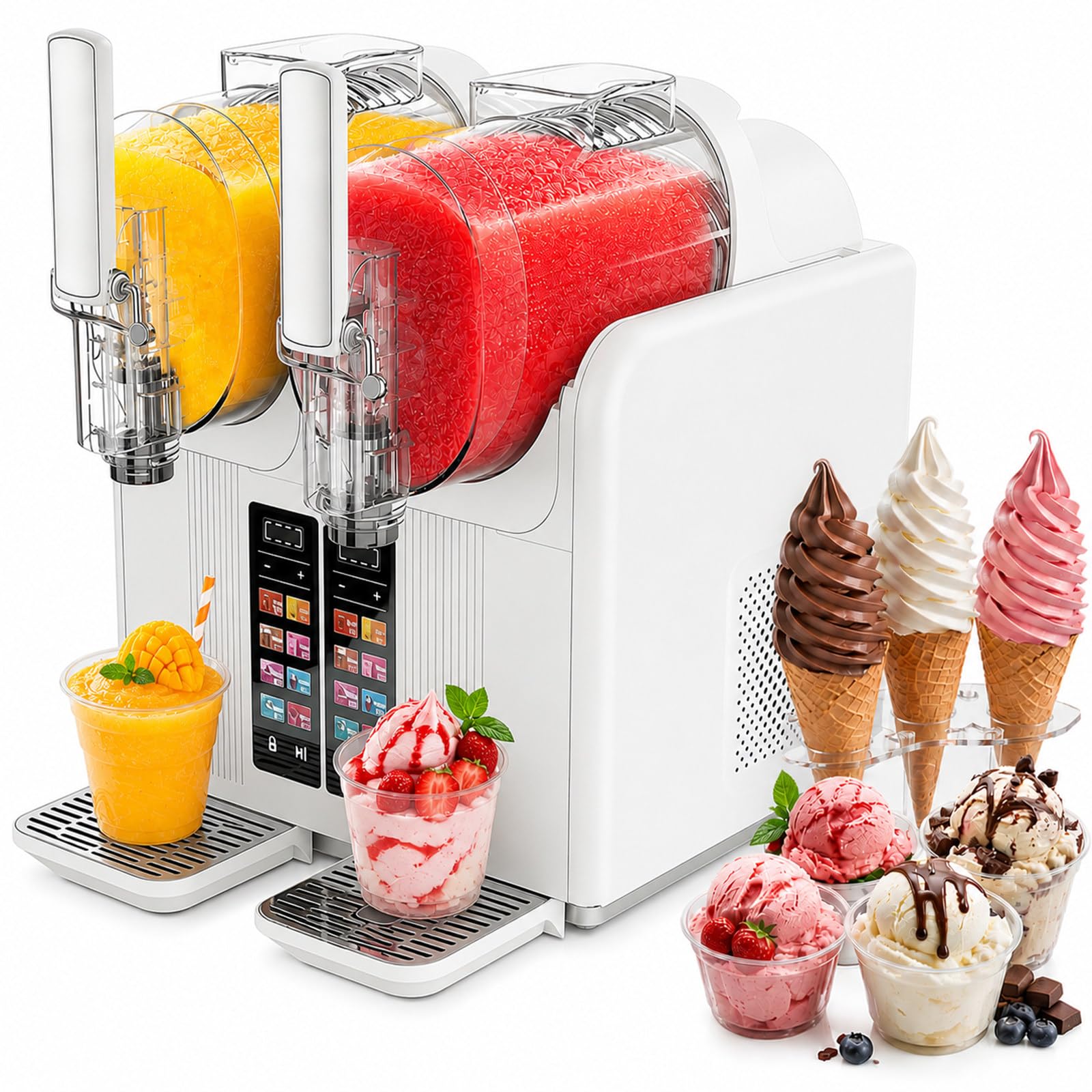430W Soft Serve Ice Cream Machine & Dual Bowl Slushie Maker, 2L Commercial Slushy Machine, 7 Presets Automatic Smoothie Margarita Maker with Child Lock and LED Display, for Home Cafe Party White
