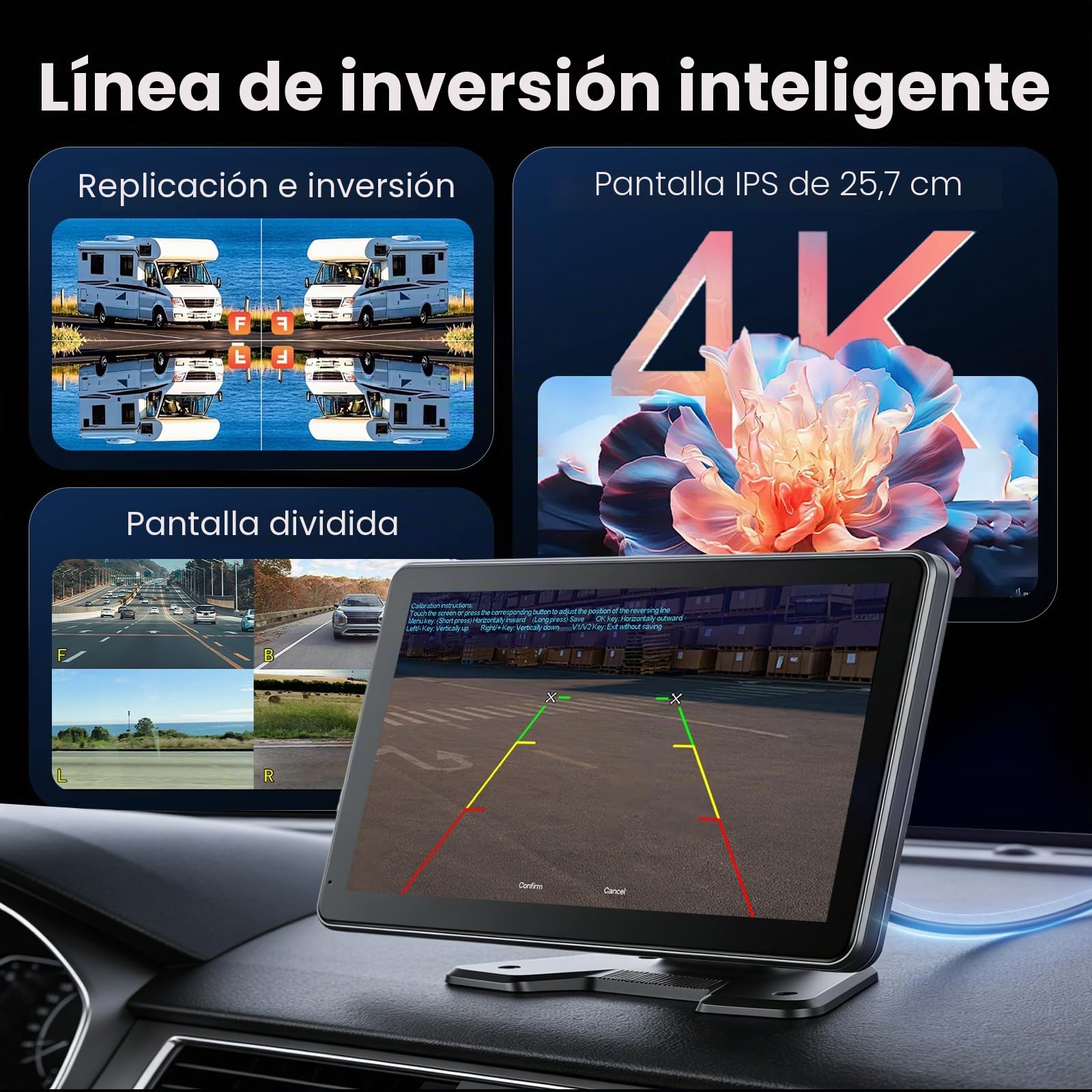 Hodozzy 4 Canales Cámara de Marcha Atrás Kit con 4K Grabación en Bucle, 10,1 Pulgadas IPS Divididas Monitor con 4 Cámaras, Impermeable Visión Nocturna Cámara Visión Trasera con BSD, Imagen Especular