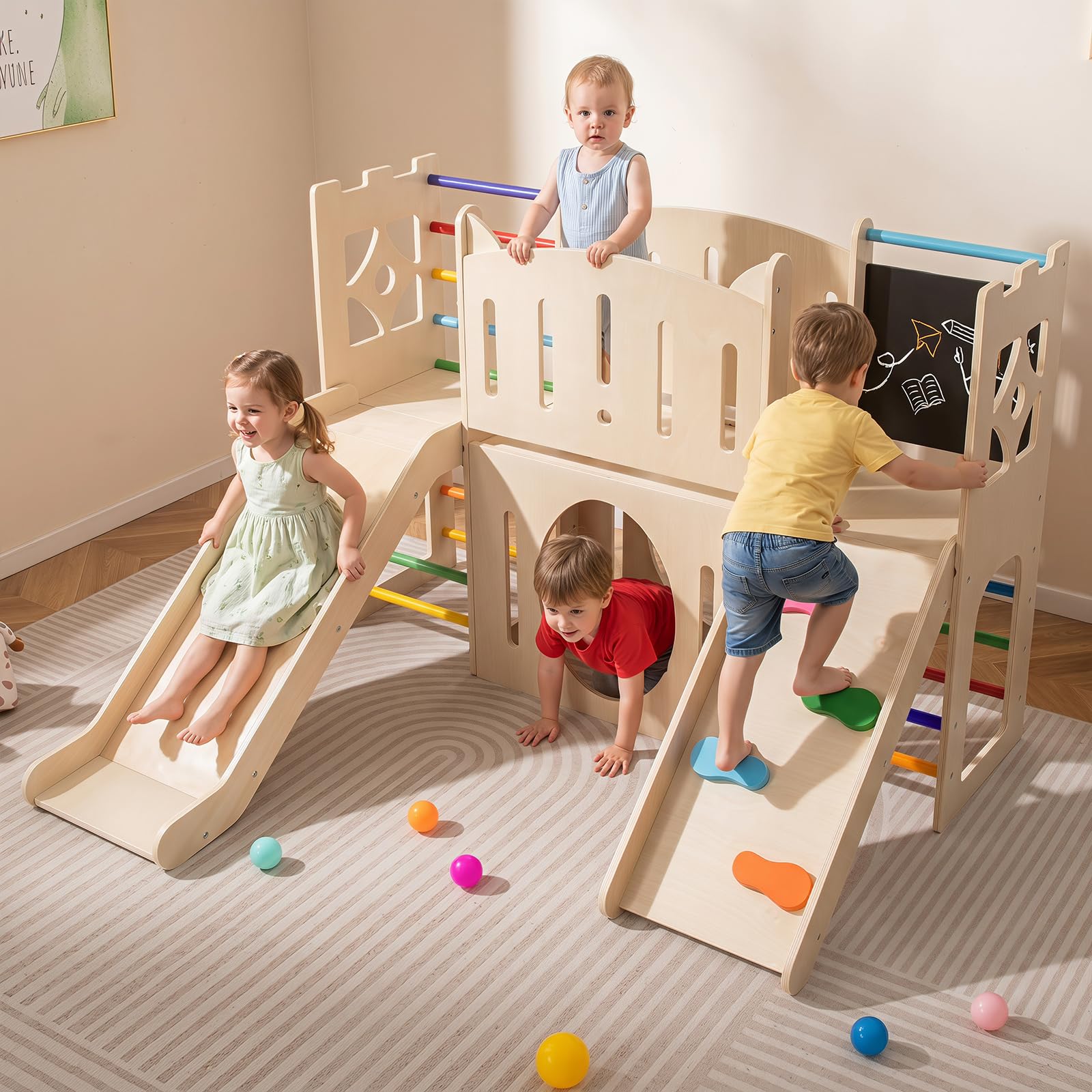 COSTWAY Kinder Rutsche Klettergerüst, 8-in-1 Indoor Spielplatz (Farbig) | Holz Rutsche mit Kletterleiter & Kletterrampe, Tunnel, Tafel, Stauraum, für Kinder ab 3 Jahren