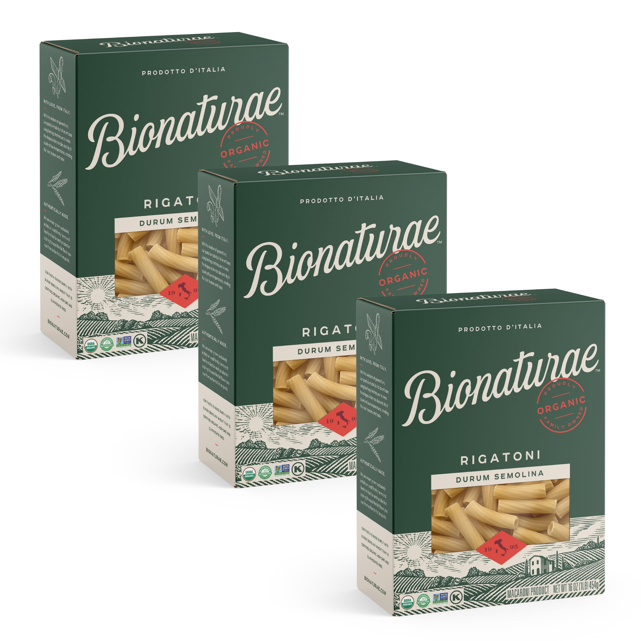 Bionaturae Rigatoni Pasta Noodles - Durum Semolina Pasta, Kosher, High Protein, Non-GMO Verified, USDA Certified, Durum Semolina Rigatoni, Rigatoni Pasta Organic, Crafted in Italy - 16 Oz, 3 Pack