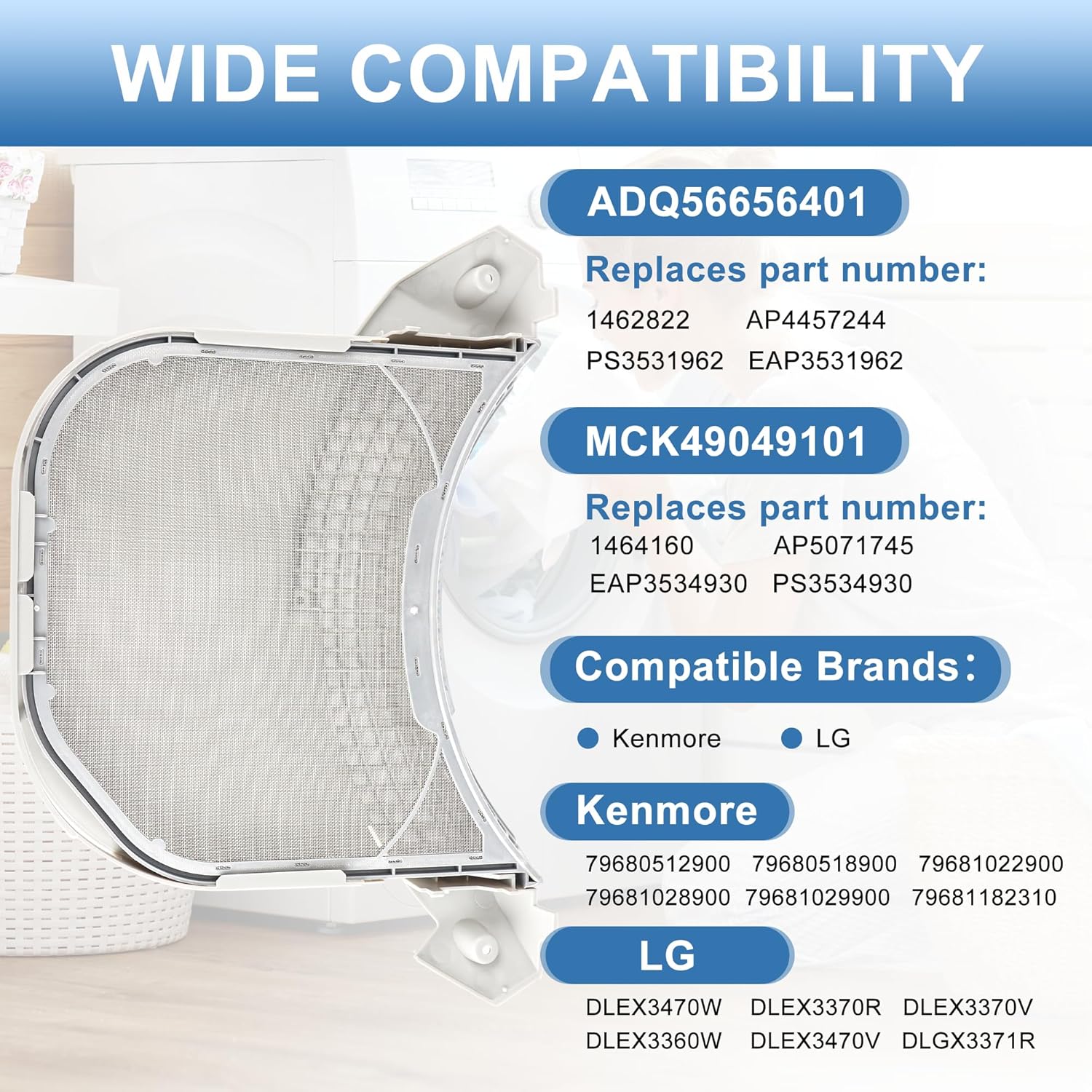 ADQ56656401 Dryer Lint Filter with MCK49049101 Lint Trap Cover - Fit for L-G Ken-more Elite Dryer DLGX4001W DLGX4001B DLGX3701W DLGX3701V DLGX8101V DLGX3571V by TOMOON
