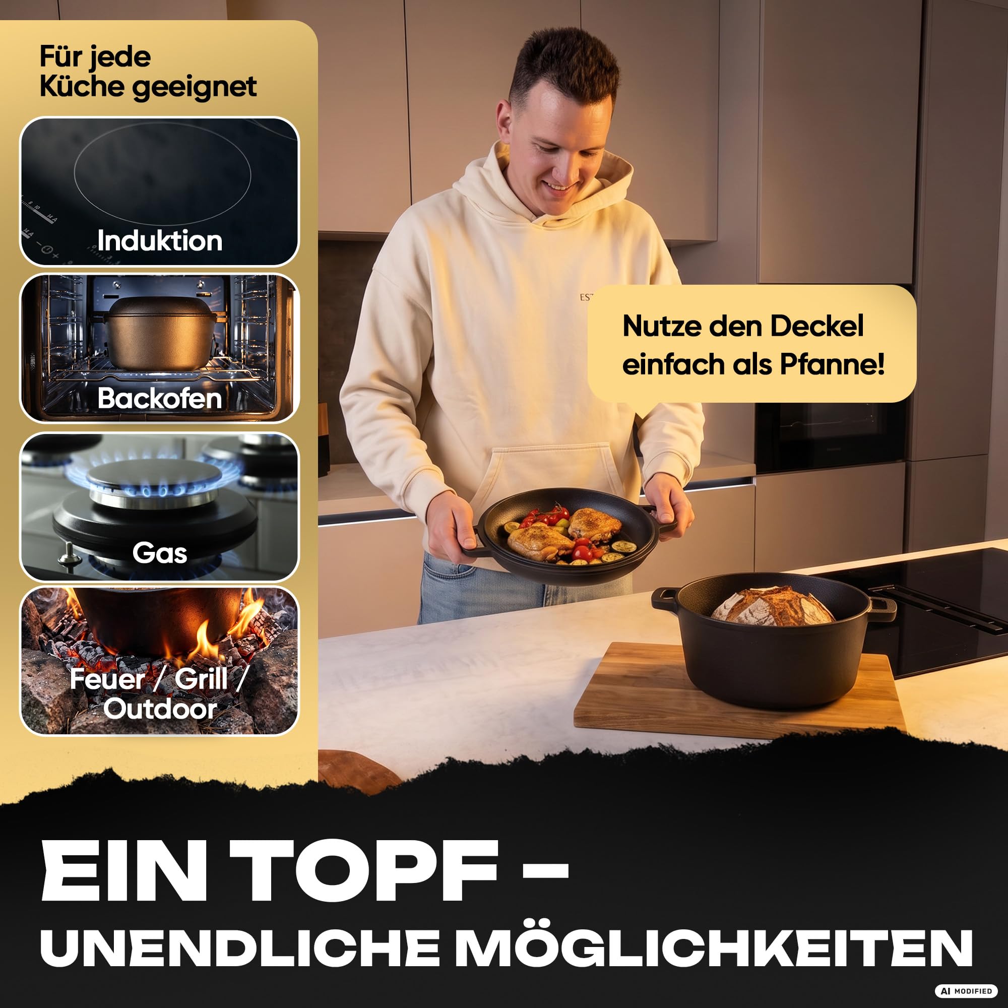 Delicret Gusseisen Topf Brot Backen Ø26 cm mit Deckel für alle Herdarten
