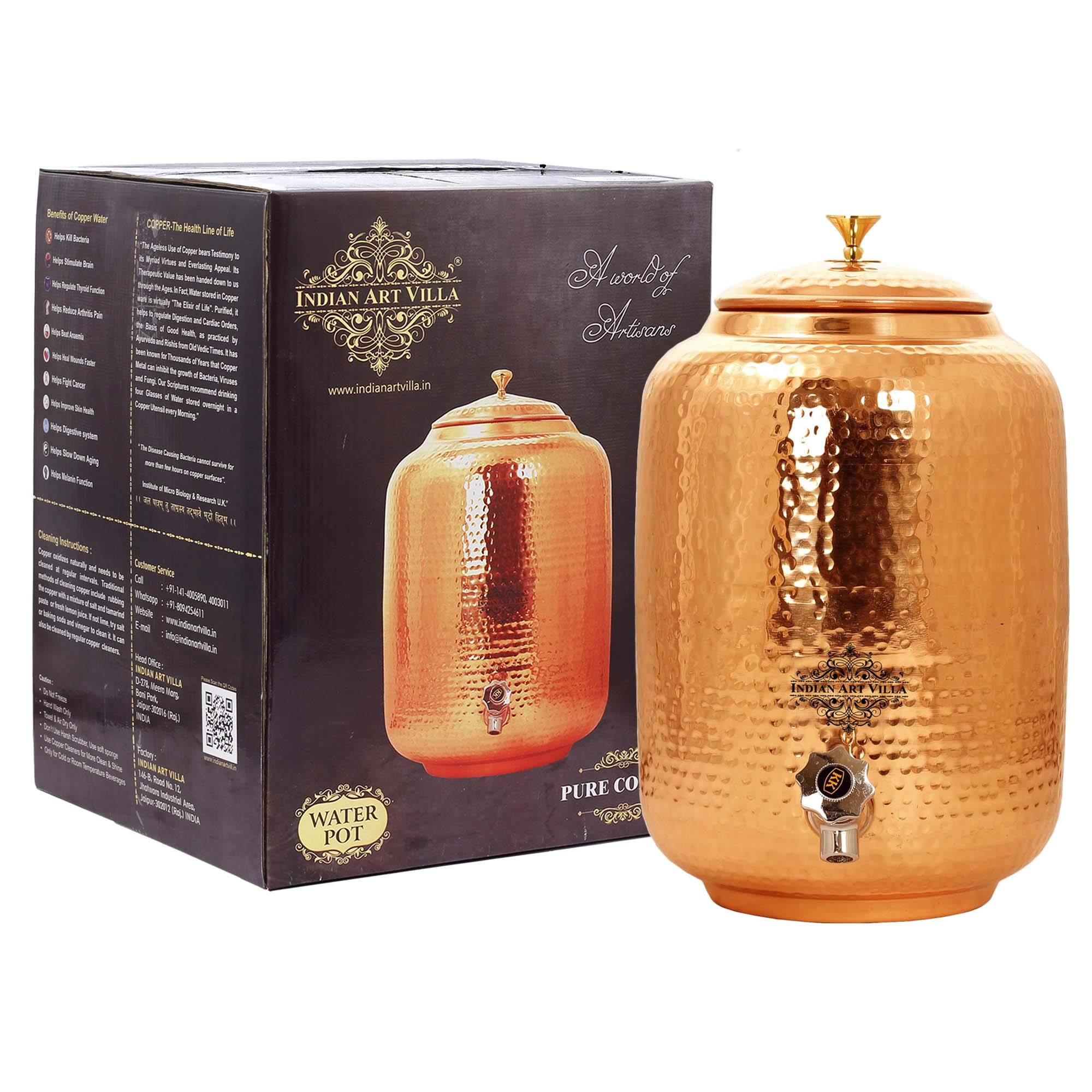 Indian Art Villa Pure Copper Water Pot With Brass Lid Tank Dispenser Storage Water 609 OZ…