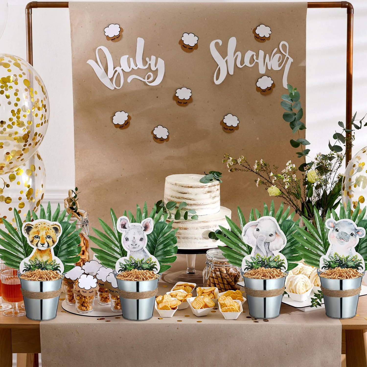 Amyhill 58 Pcs 8 Sets Safari Centerpieces for Tables Jungle Animals Centerpieces Safari Baby Shower Party Decor with Palm Leaves Metal Buckets Jungle Animals Cutouts for Wild One Birthday Party Decor