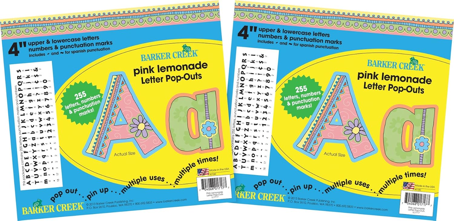 Barker Creek 4" Letter Pop-Outs 2-Pack, Pink Lemonade, Jazz Up Your Bulletin Boards with These Colorful Letters, 510 Upper and Lowercase Letters, Numbers & Punctuation Marks, 4" (3640)