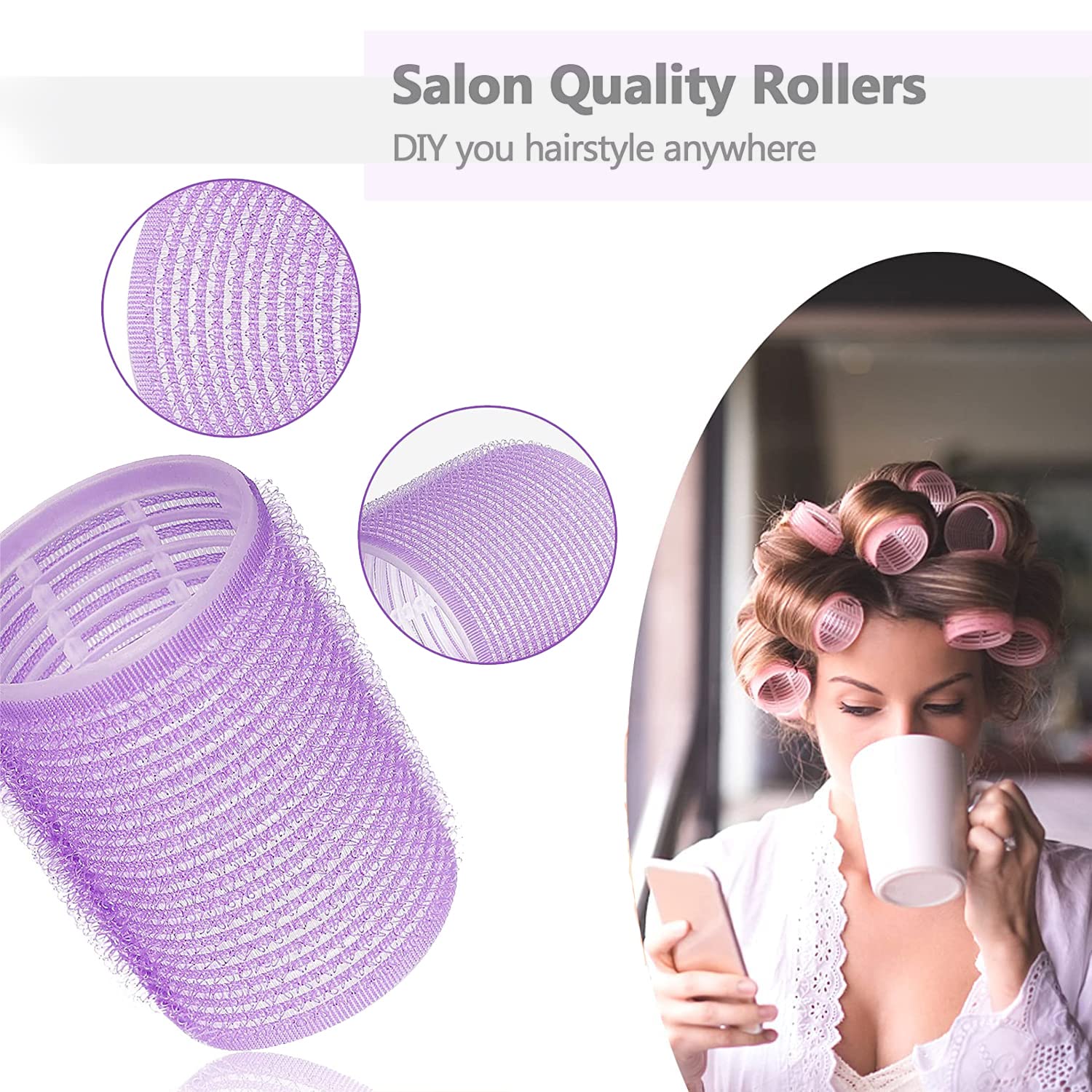 Rodillos de pelo jumbo de 3 pulgadas para cabello medio largo, 30 rizadores de pelo grandes sin calor con peines de cola de rata, rizadores de peluquería para mujeres de cabello grueso (75/65/55 mm)