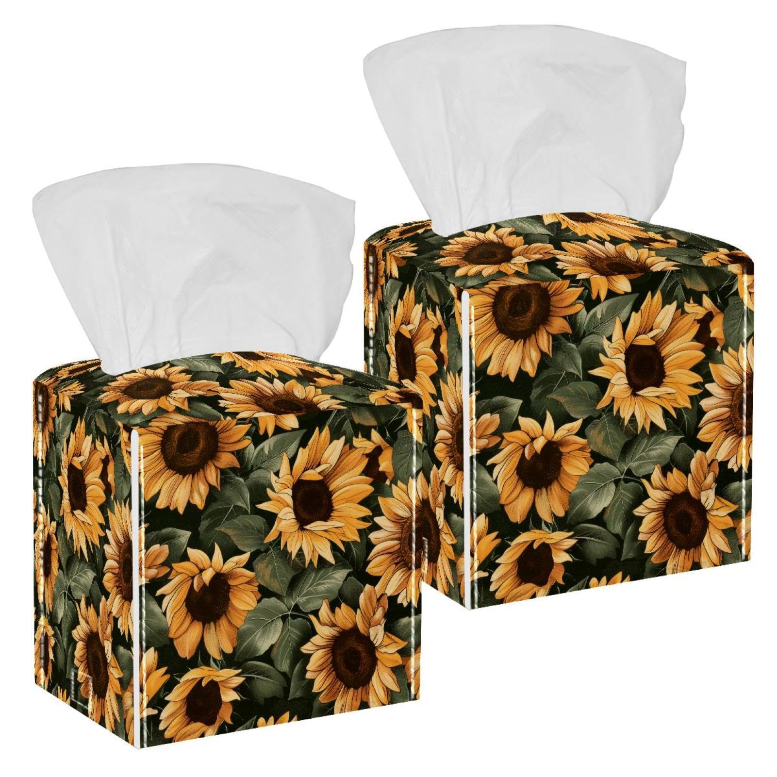Sunflower Tissue Box Cover, 2 Pack PU Leather Square Facial Tissue Dispenser Box holder for Home Office Car