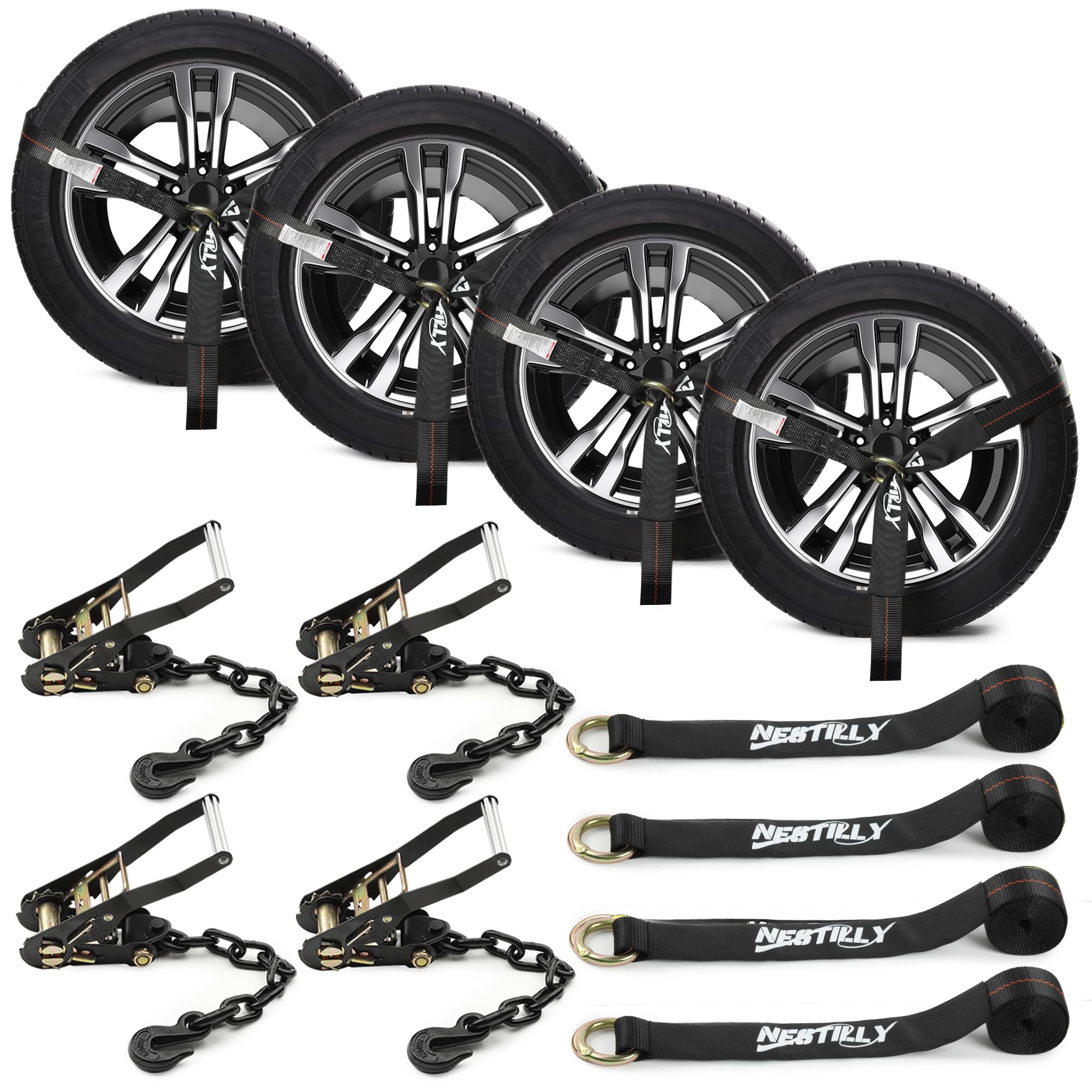Car Tie Down Straps 2" x 8ft, 4 Pack Heavy Duty Ratchet Straps with Chain Anchors for Trailer, Truck & Auto Hauler, Lasso Wheel Tire Straps, 9900 lbs Break Strength, Black