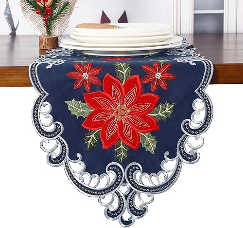 GRANDDECO Camino de mesa de Navidad para fiestas de granja, bordado de flores rojas de Navidad, para el hogar, cocina, cena, decoración de mesa de
