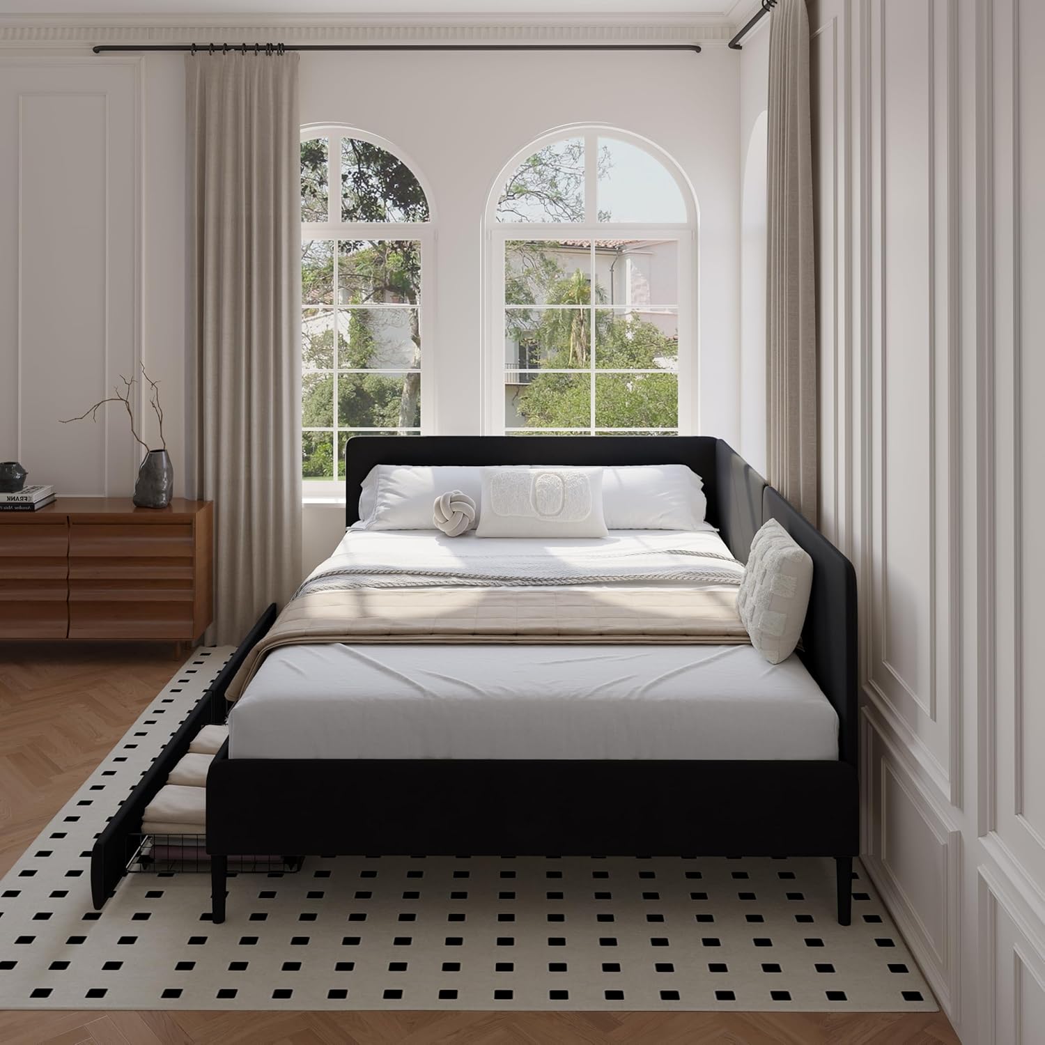 DEINPPA Full Size L-Shape Corner Bed Frame with 2 Storage Drawers, Velvet Upholstered Daybed with Soft Headboard for Bedroom Nook, No Box Spring Needed-Black