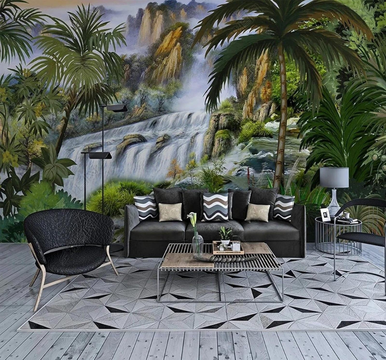 XLMING Retro Hand Drawn Waterfall Plants Landscape 3D Wallpaper Silky Texture Home Study Office Grey Dining Room Sofa Bedroom Living Room TV Backdrop-350cm×256cm