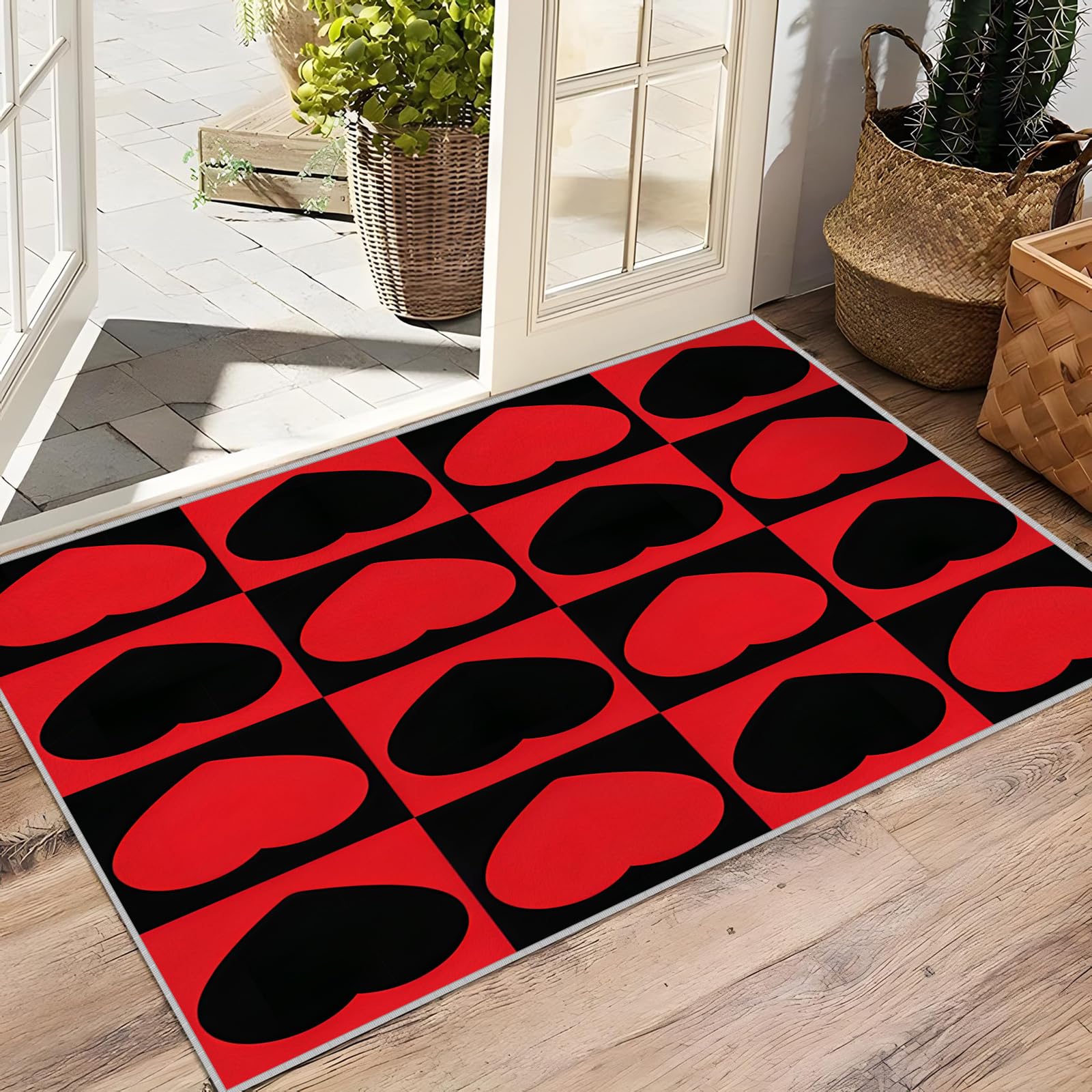 Großer waschbarer Kurzflor-Teppich 200x300, Herz Rot Schwarz Teppich modern Dünn Saugfähig Vielseitig für Wohnzimmer Schlafzimmer Oder Als Bettvorlege G171