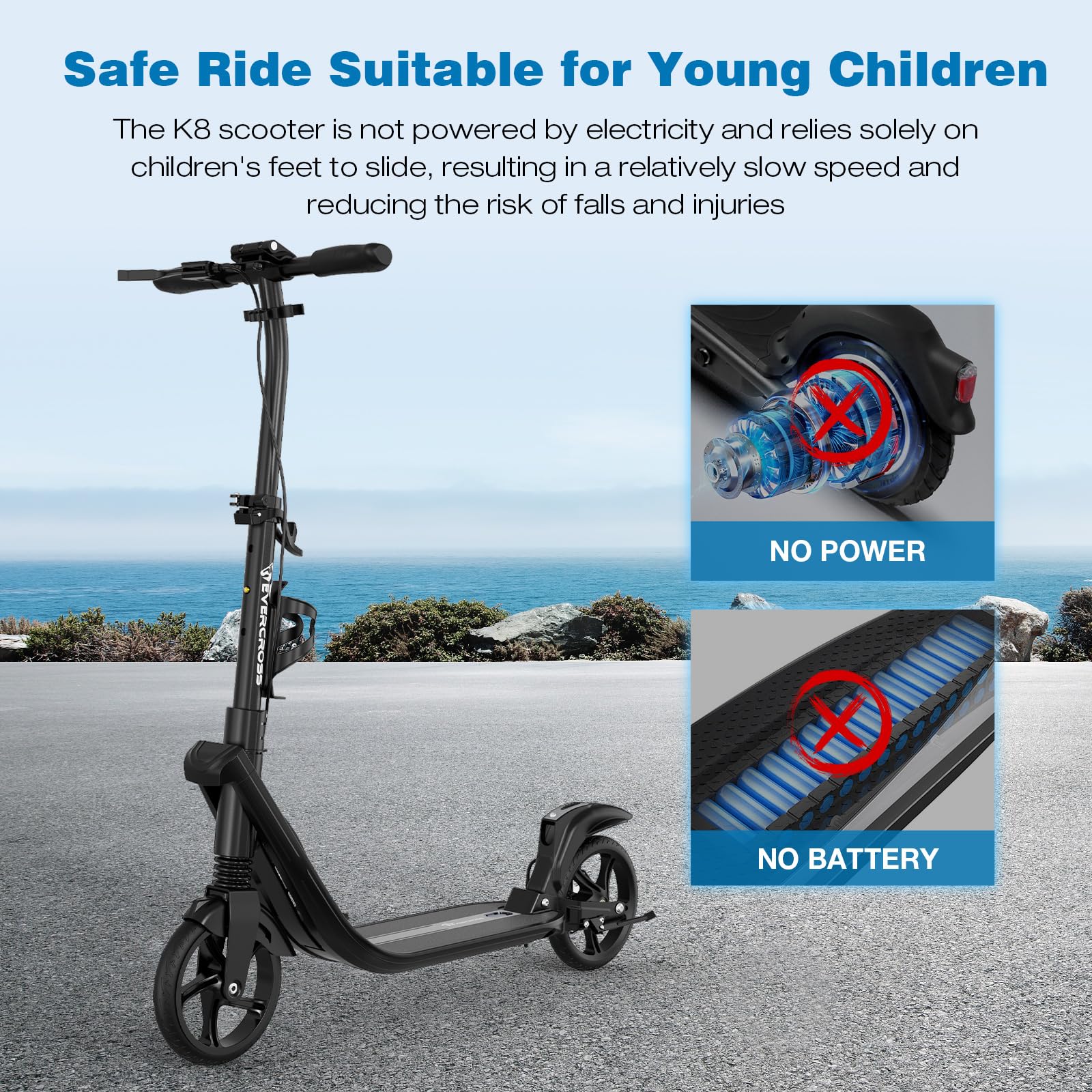 EVERCROSS K8 Stunt Scooter, Grandes Ruedas 200 mm, City Patinete Ajustable en Altura y Plegable, Deportivos Scooter de Aluminio Estable para Niños, hasta 100 kg, Doble Freno, Doble Amortiguación