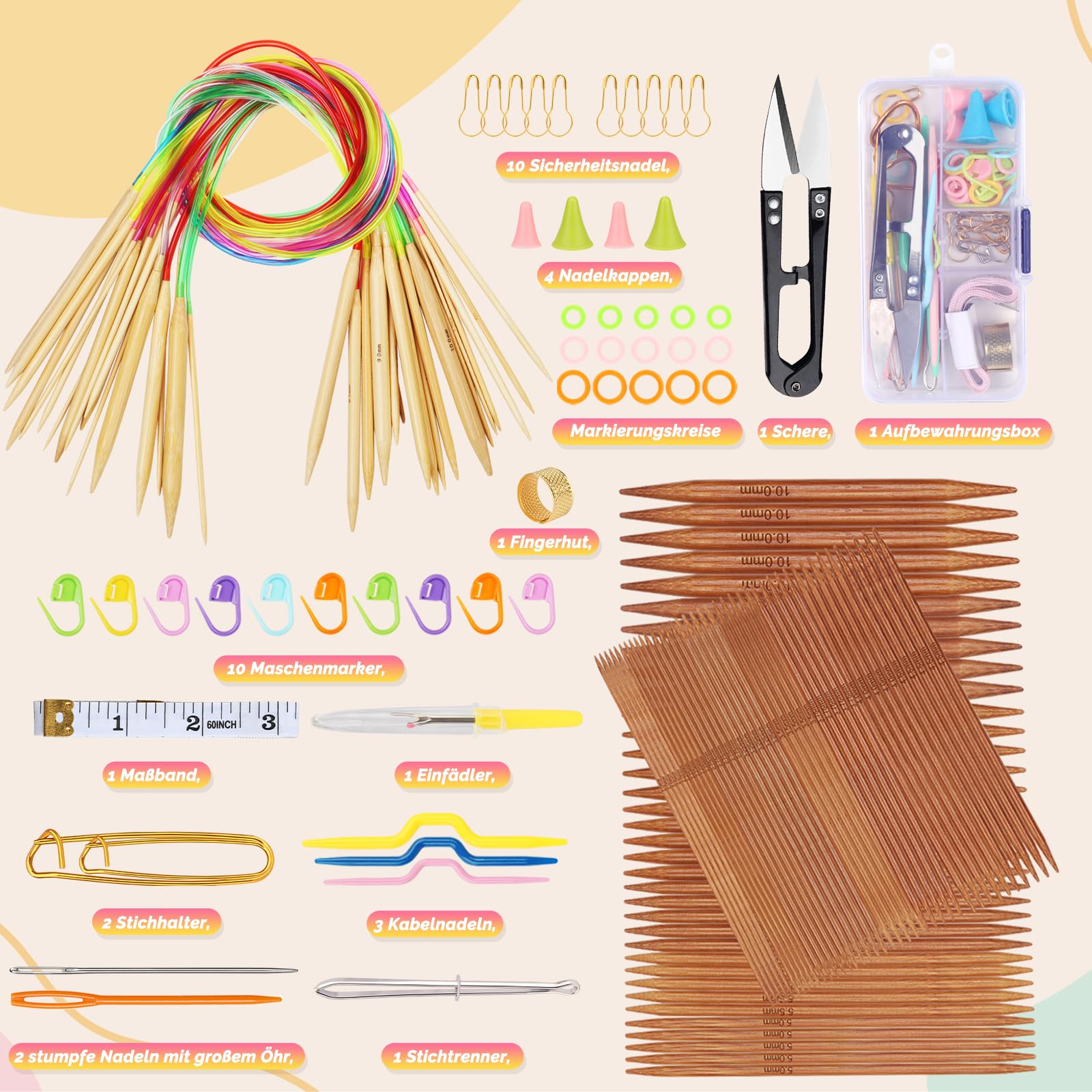 Coopay Rondbreinaalden set 100 cm, 9 stuks roestvrijstalen breinaalden, metaal 2,0-6,0 mm, praktisch