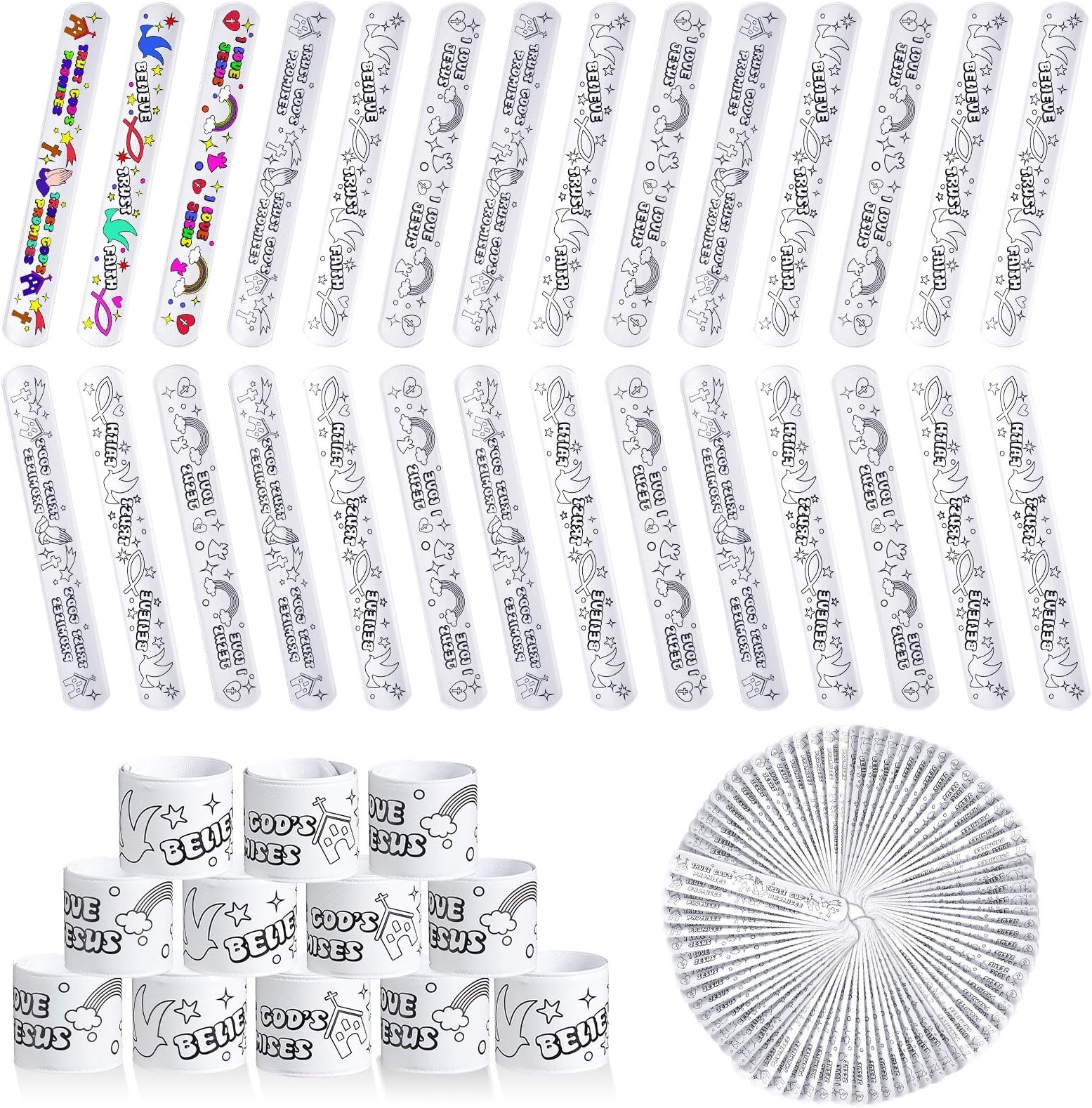 Color Your Own Faith Slap Bracelets Jesus Bracelets for Easter Kids Christian Religious Craft Blank Slap Bands with Religious Sayings for Sunday School Crafts Coloring DIY Gifts, 3 Styles(72 Pcs)