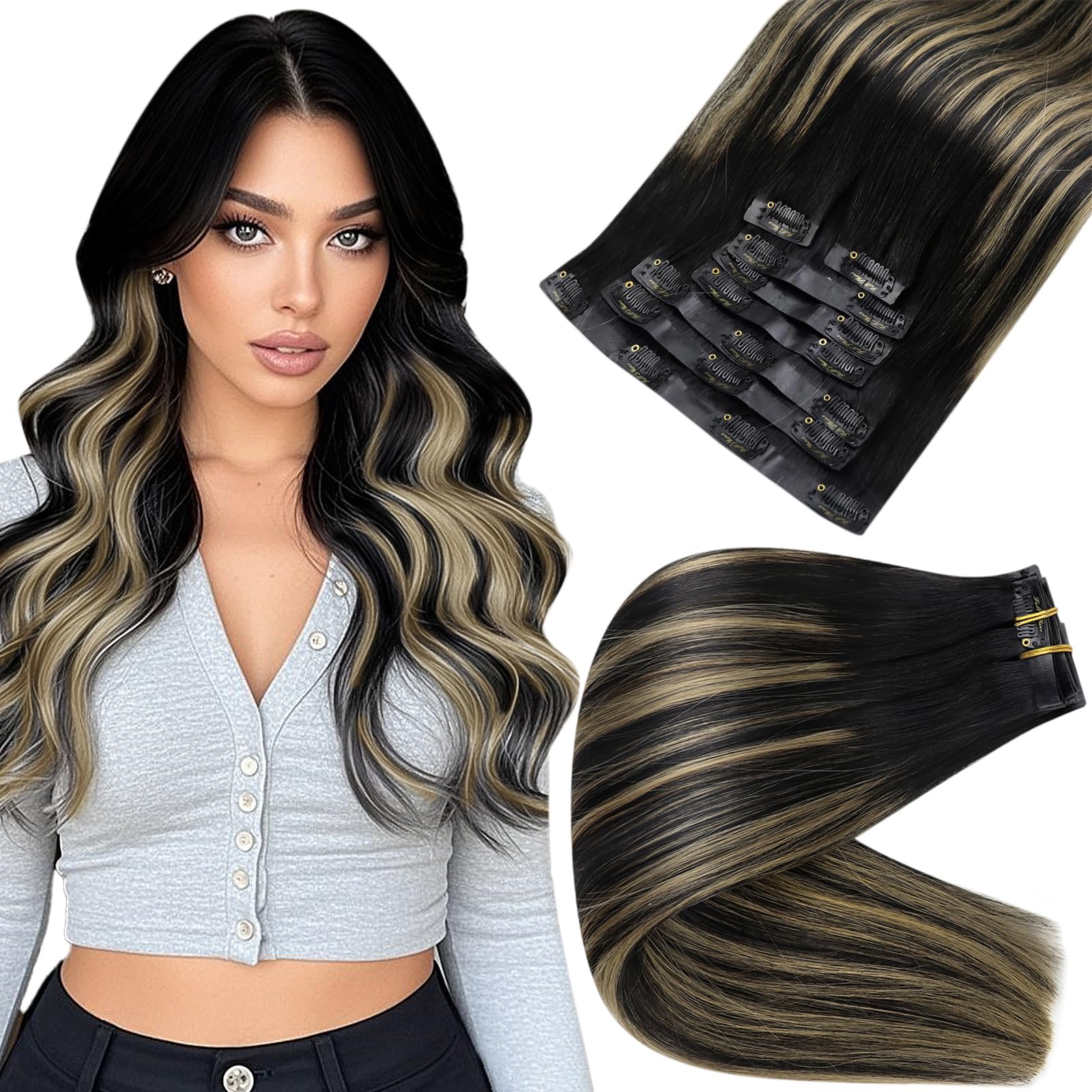 Full Shine Real Hair Clip in Extensions Balayage Seamless Clip ins Off Black to Black With Caramel Blonde Invisible Hair Extension Black Remy Natural Hair Longevity 120 Grams 18 Inch 8 Pcs