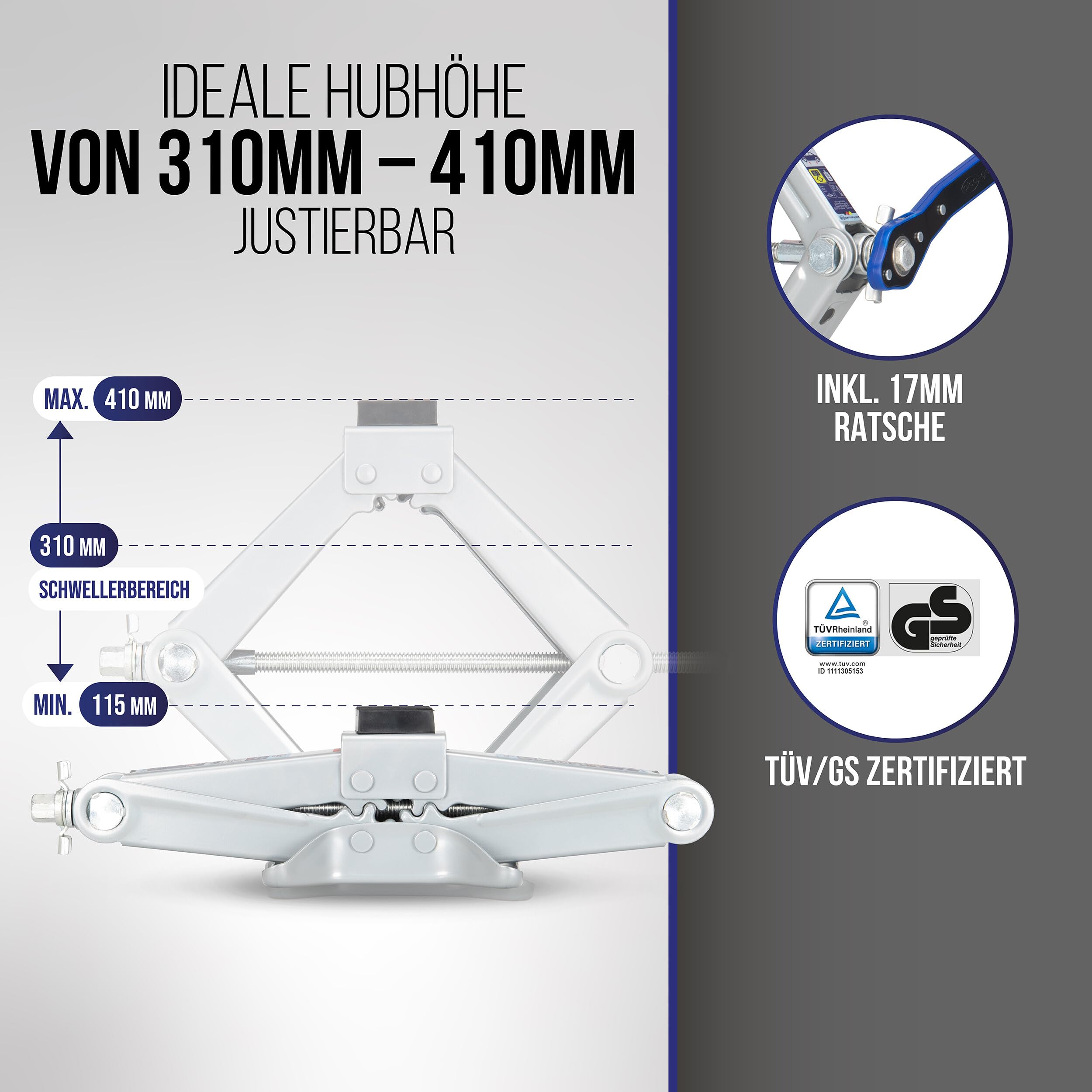 alca® Krik schaarkrik met ratel, 2 ton, universele hefhoogte 115 410 mm