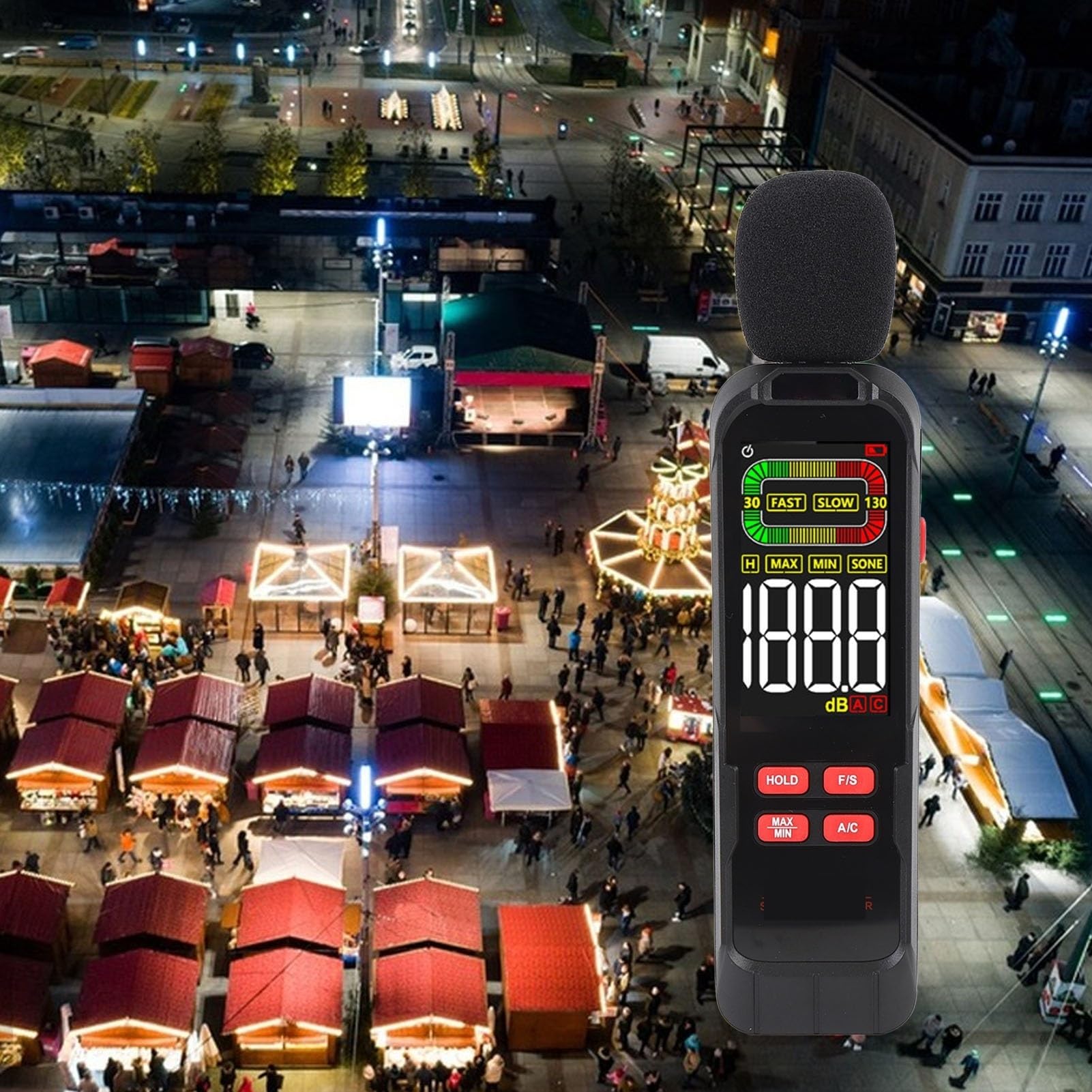 Medidor de decibelios, Medidor de ruido, sonómetro portátil, medición de decibelios, conmutación ponderada de CA, for obras de construcción de viviendas, retroiluminación LCD.