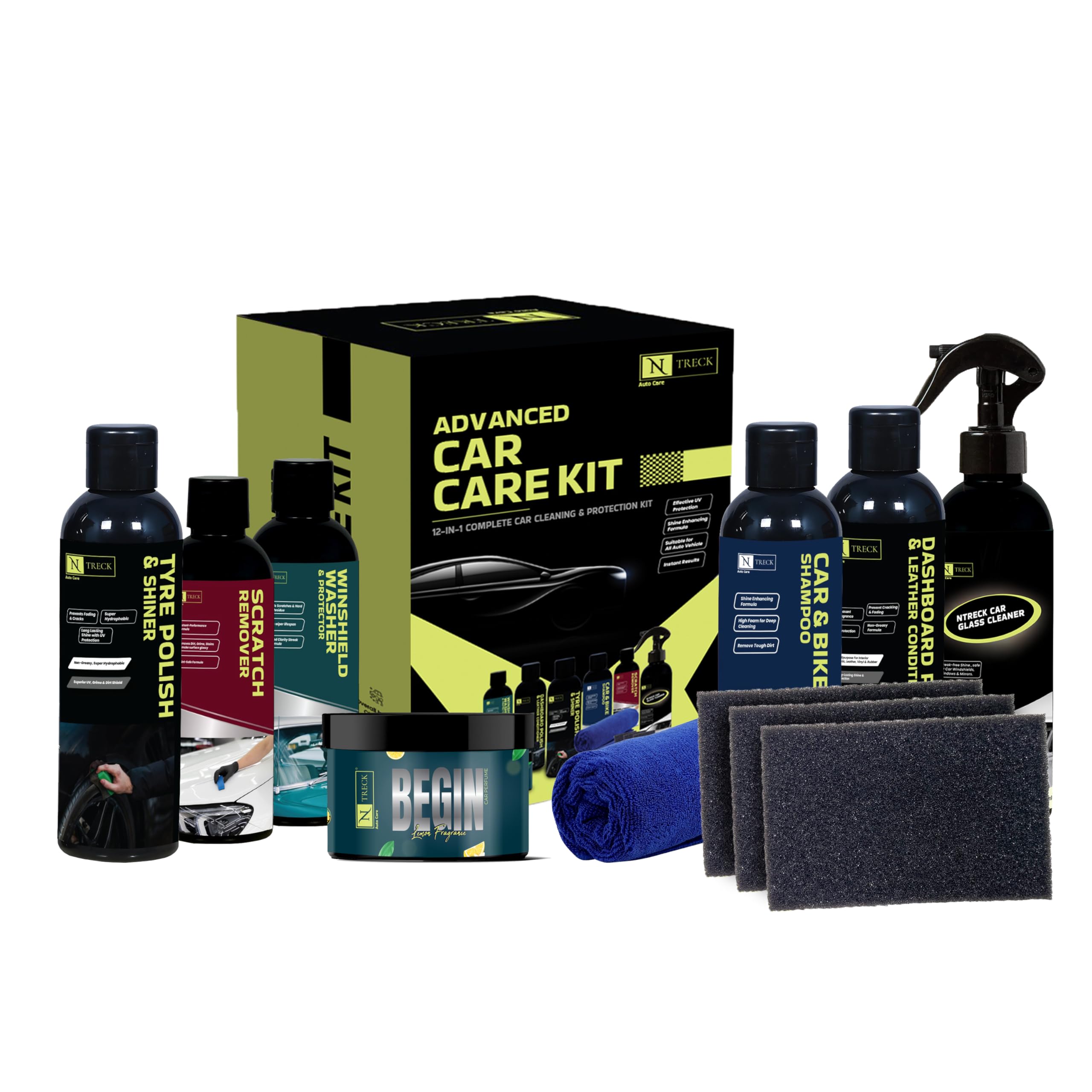 NTreck Car Cleaning Kit - 12 Pcs | Contains Car Perfume, Dashboard & Tyre Polish, Glass Cleaner, Car & Bike Shampoo, Windshield Washer, Scratch Remover, 2 Microfiber Cloth & 3 Applicator | Washing Kit-image-30