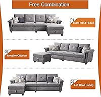 Vista 6 de Sofá Seccional de 108 pulgadas, Sofá Convertible en Forma de L con Otomana y Gran Almacenamiento, Sofá Seccional de 4 Asientos con Portavasos, Sofás