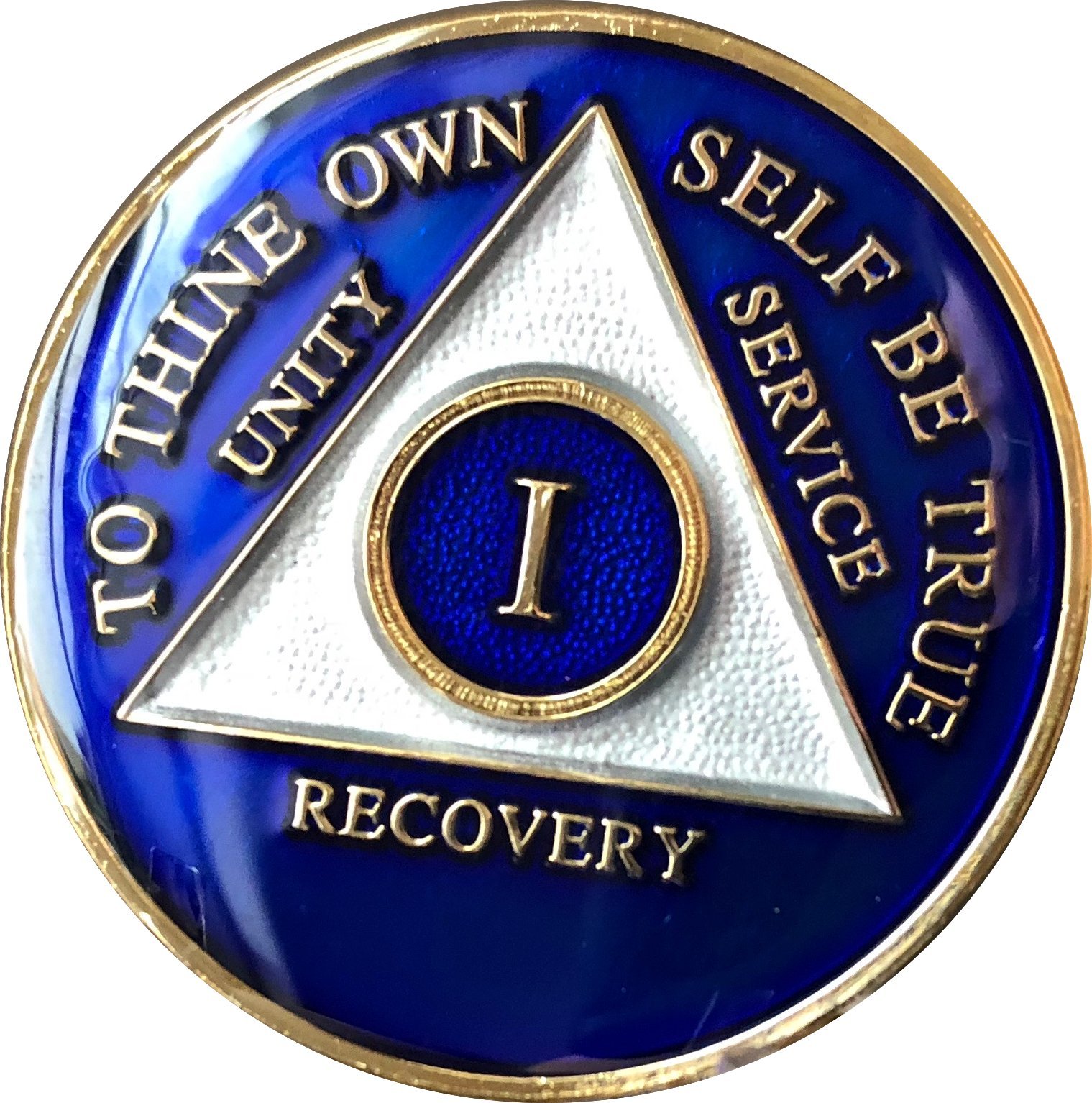 Recovery Mint 1 Year Blue Tri-Plate Alcoholics Anonymous Medallion- AA Sobriety Chip