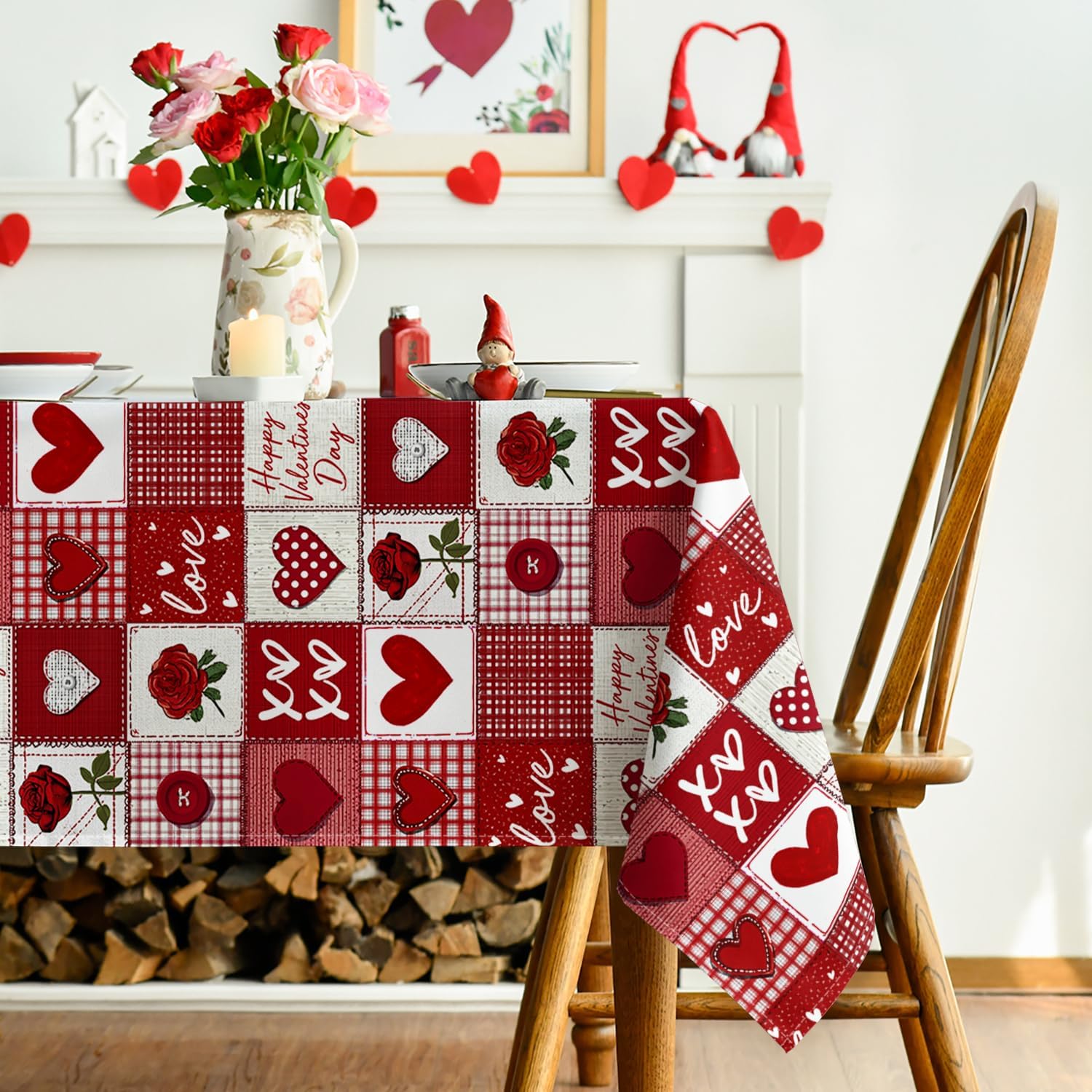 Horaldaily Valentine Tablecloth 60×84 Inch Rectangular, Patchwork-Style Pattern Rose Red Heart Buffalo Plaid Washable Table Cover for Party Picnic Dinner Decor