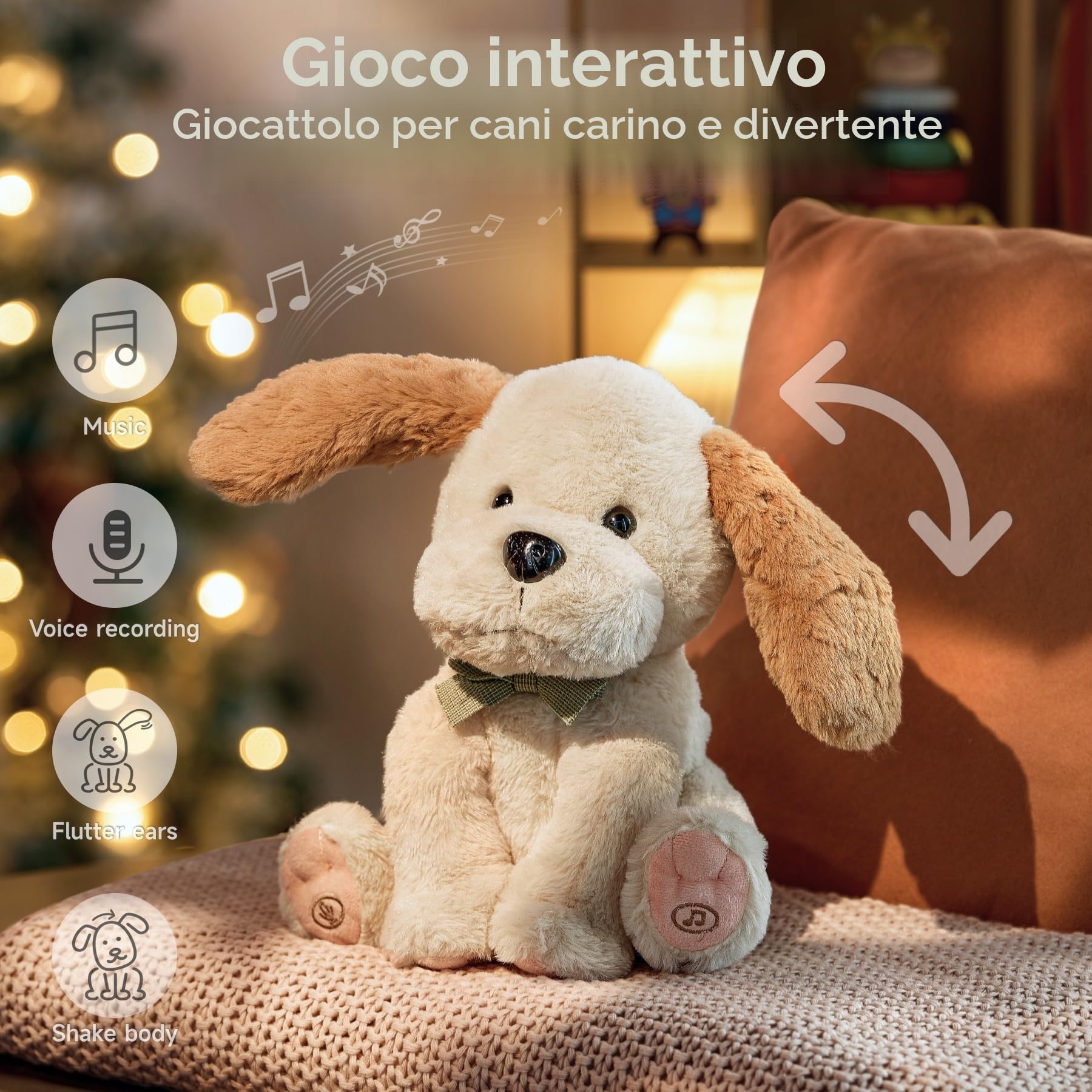 TUMAMA Peluche Interattivo Cane Che Balla e Ripete, Cagnolino Parlante con Orecchie ondulate e 6 Musica, Regalo 3-6 Anni