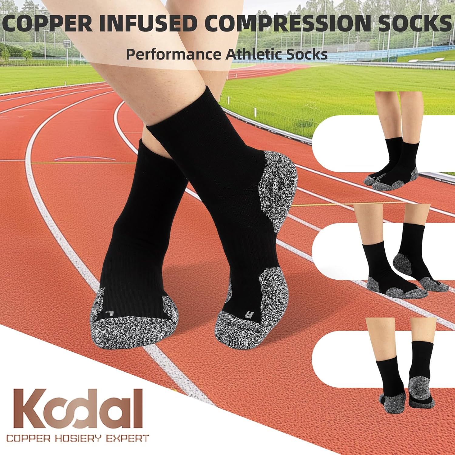 Kodal Copper Compression Socks for Men Women Moisture-Wicking Odor Control Athletic Socks with Arch Support Cushion - Image 2