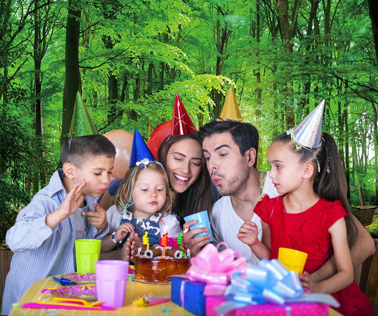 Fond de forêt 3x2.5 m Fond Photo de Camping de Jungle de forêt Verte de Printemps, Fond boîte Photo Vinyle pour fête à thème de forêt de fête de bébé