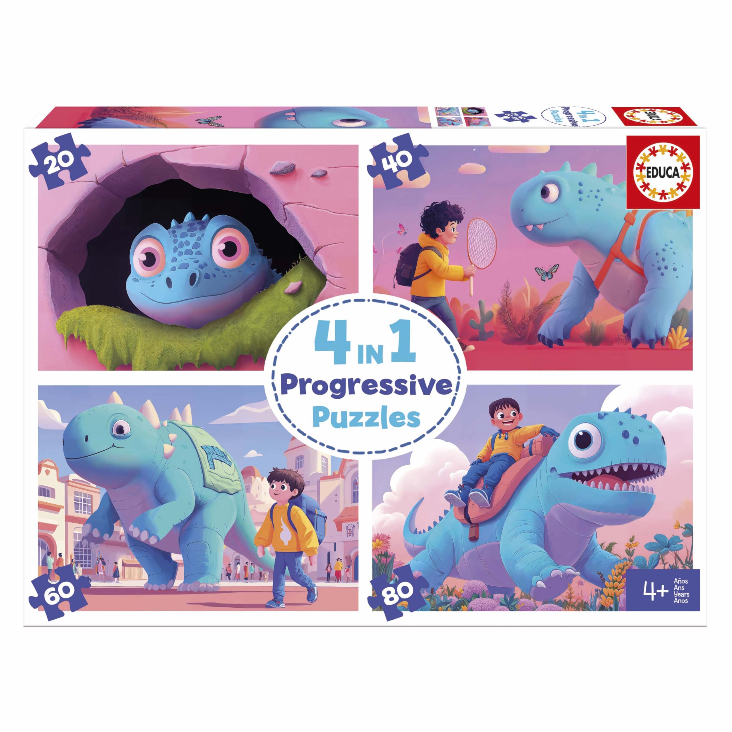 Educa - 4-in-1 Friendly Dinosaurs Progressives | 20+40+60+80 Piece Set | Progressive Learning Puzzle | Ages 4+ (20222)