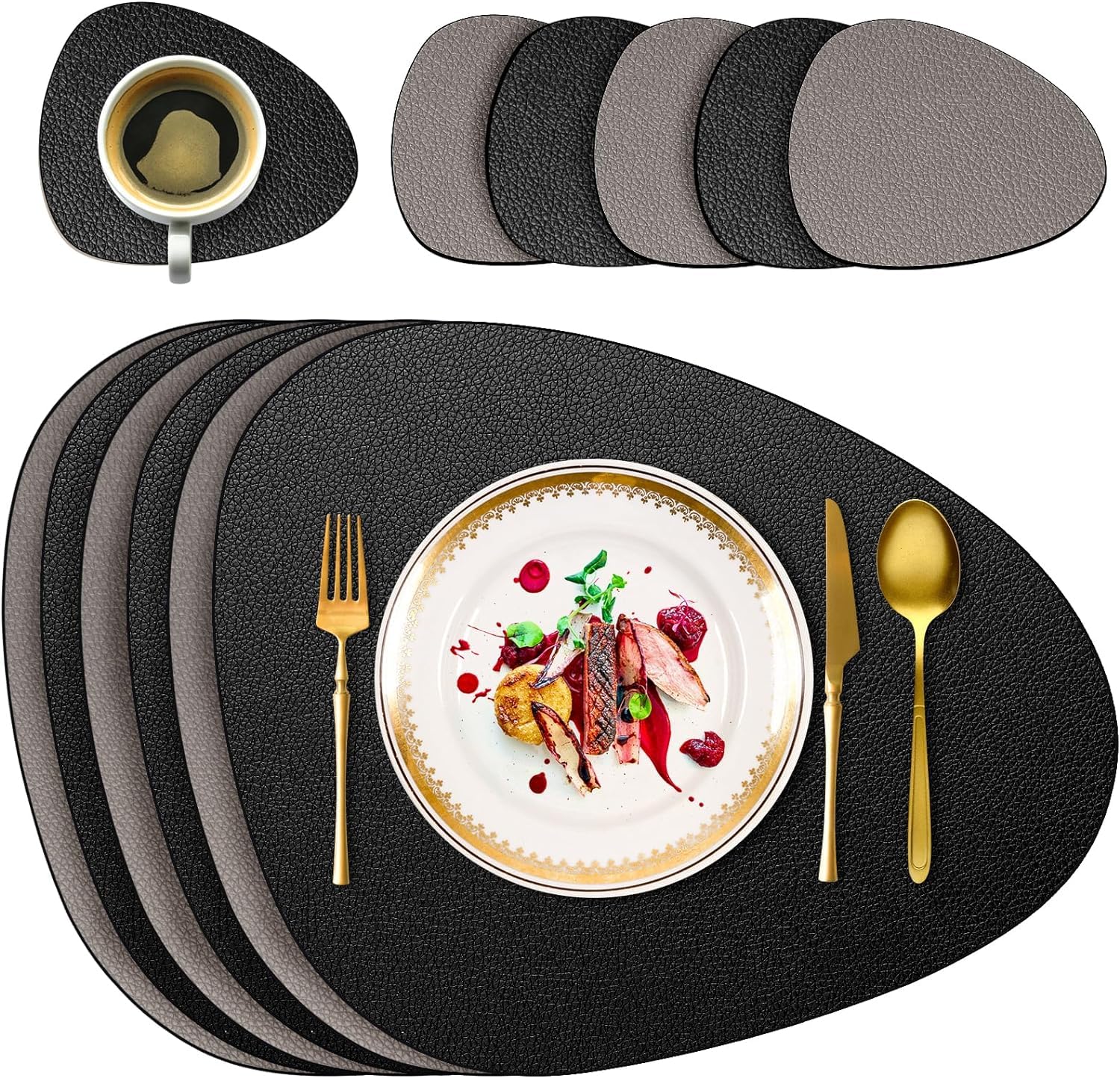 Set di tovagliette e sottobicchieri in pelle, tovagliette antiscivolo bifacciali (nero e marrone, set da 6 pezzi) | Leroy Merlin