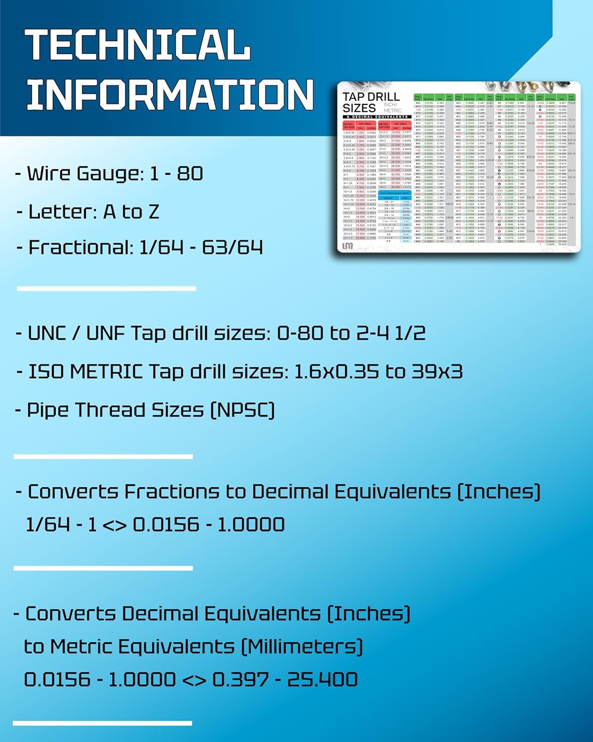 Useful Magnets Tap Drill Recommendation Chart | Decimals Equivalents Flexible Magnetic Chart Poster | Fractional & Metric Sizes Wall Art Hanging for CNC Shop & Garage Toolbox Green Poster 11.5" x 8.5"