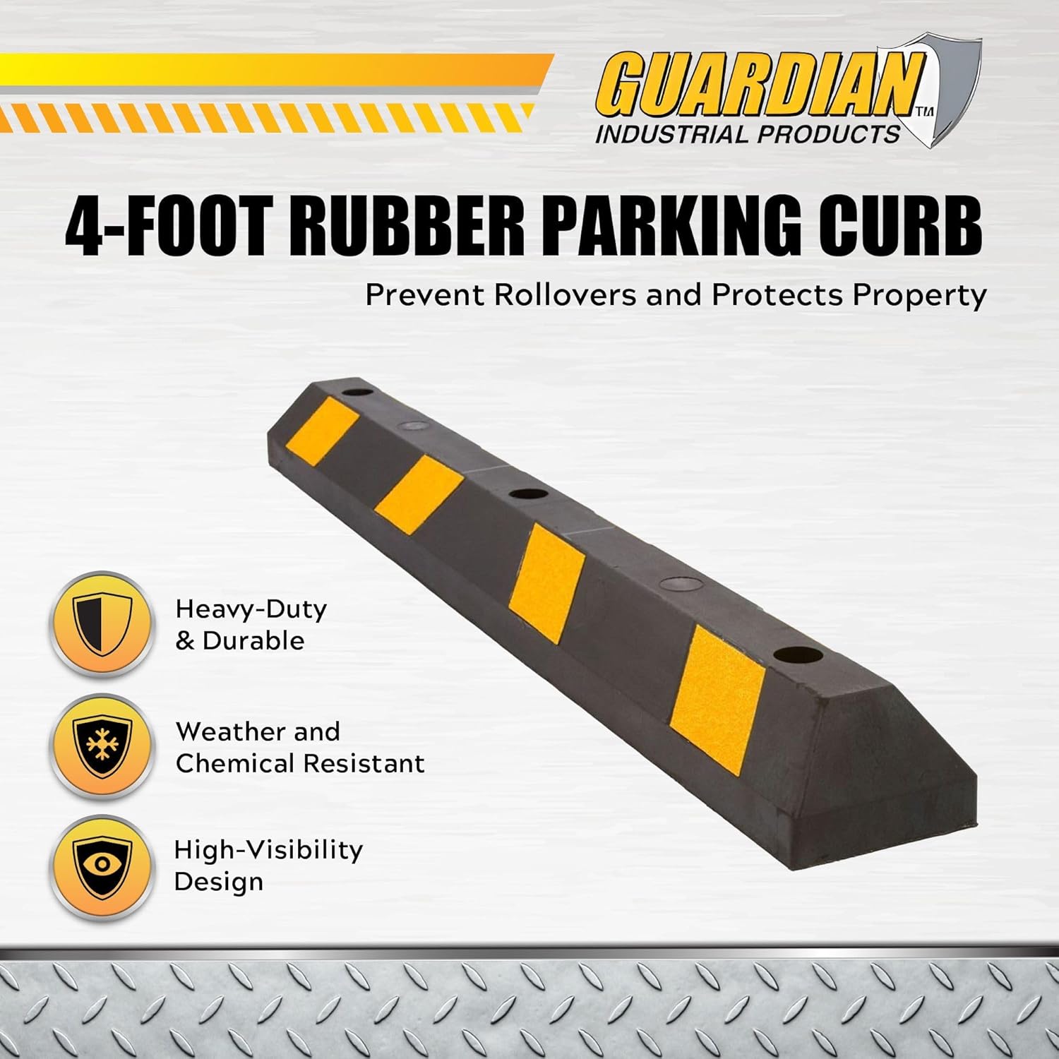 Guardian 4' Rubber Parking Curb with Mounting Holes Hi-Vis Yellow UV-Resistant for Parking Lots