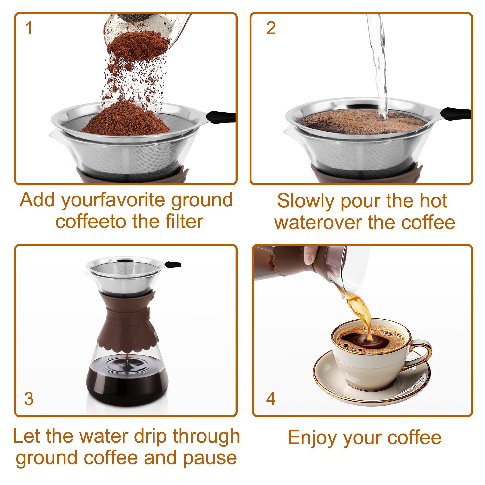 YMMIND Cafetera de 34 onzas con filtro de acero inoxidable de doble capa, gotero de vidrio de borosilicato, almohadilla de cuero desmontable resistente al calor para 7-8 tazas (marrón oscuro)