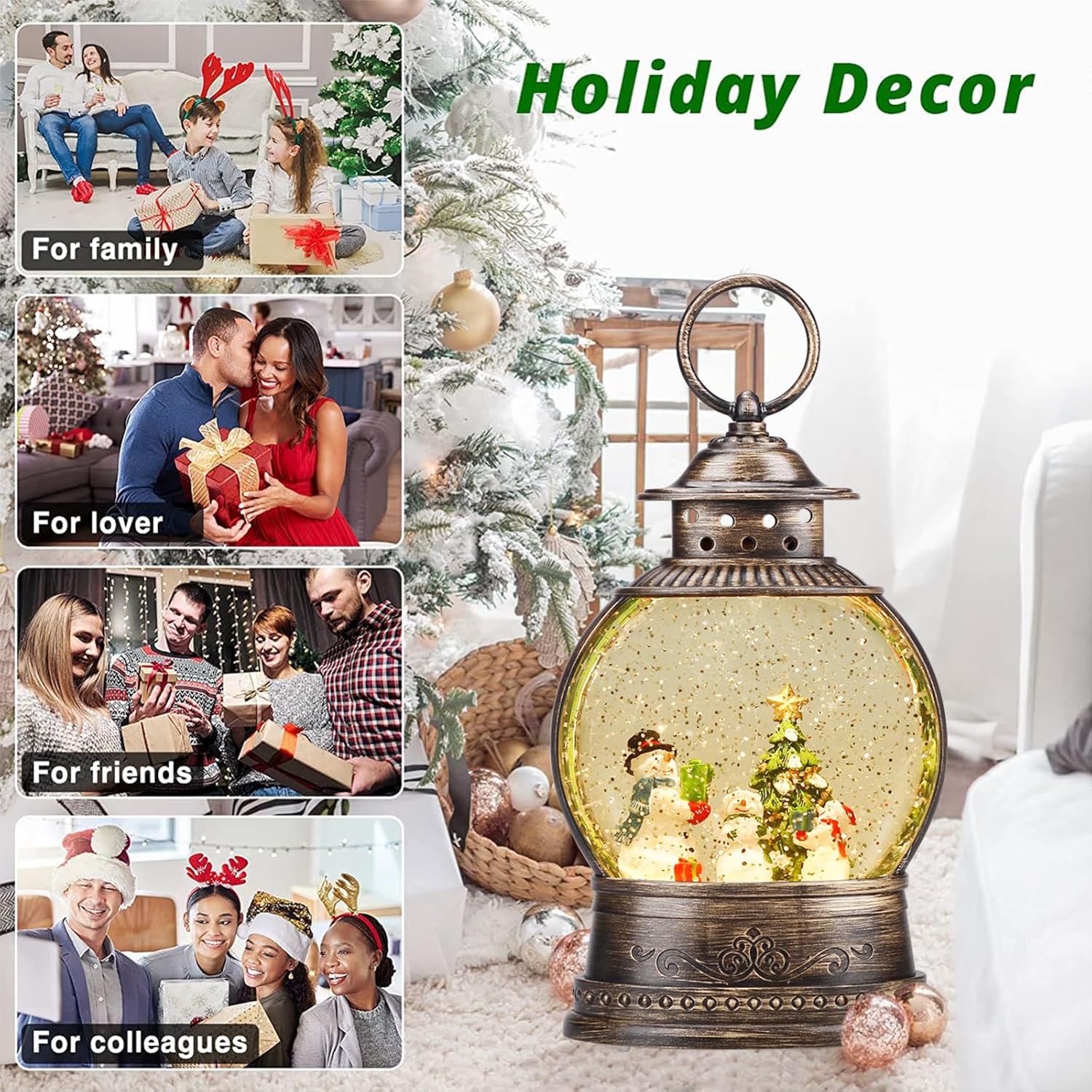 Christmas Snow Globe Lantern, Musical Lighted Snowman and Tree Snow Globes with 6H Timer, Battery & USB Operated Spinning and Swirling Glitter Snow Globes Christmas Decorations - Image 5