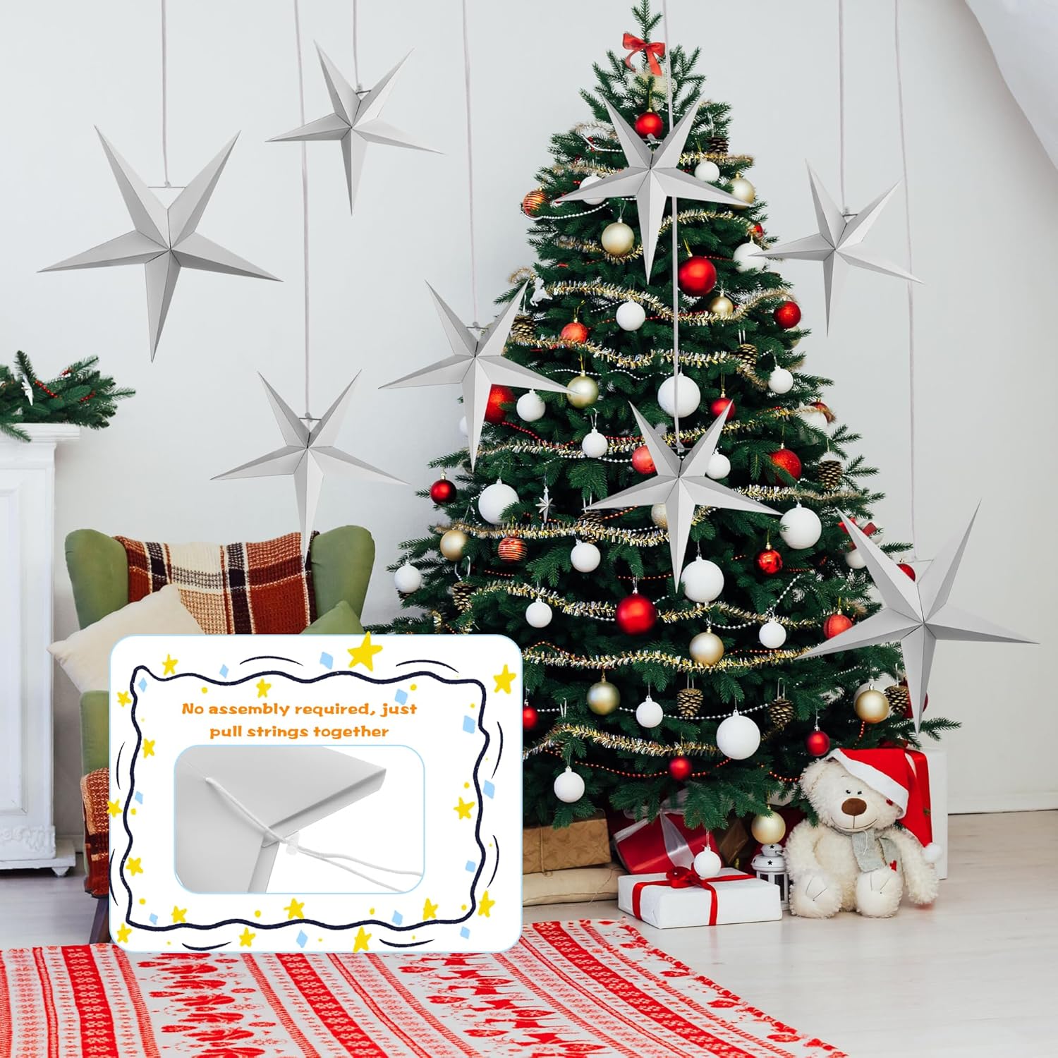 12 Pieces 18 Inch/ 12 Inch/ 10 Inch 3D Paper Stars White Hanging 5 Pointed Paper Star Lanterns Decorations for Wedding Christmas Birthday Party Supplies Home Decor, 3 Size