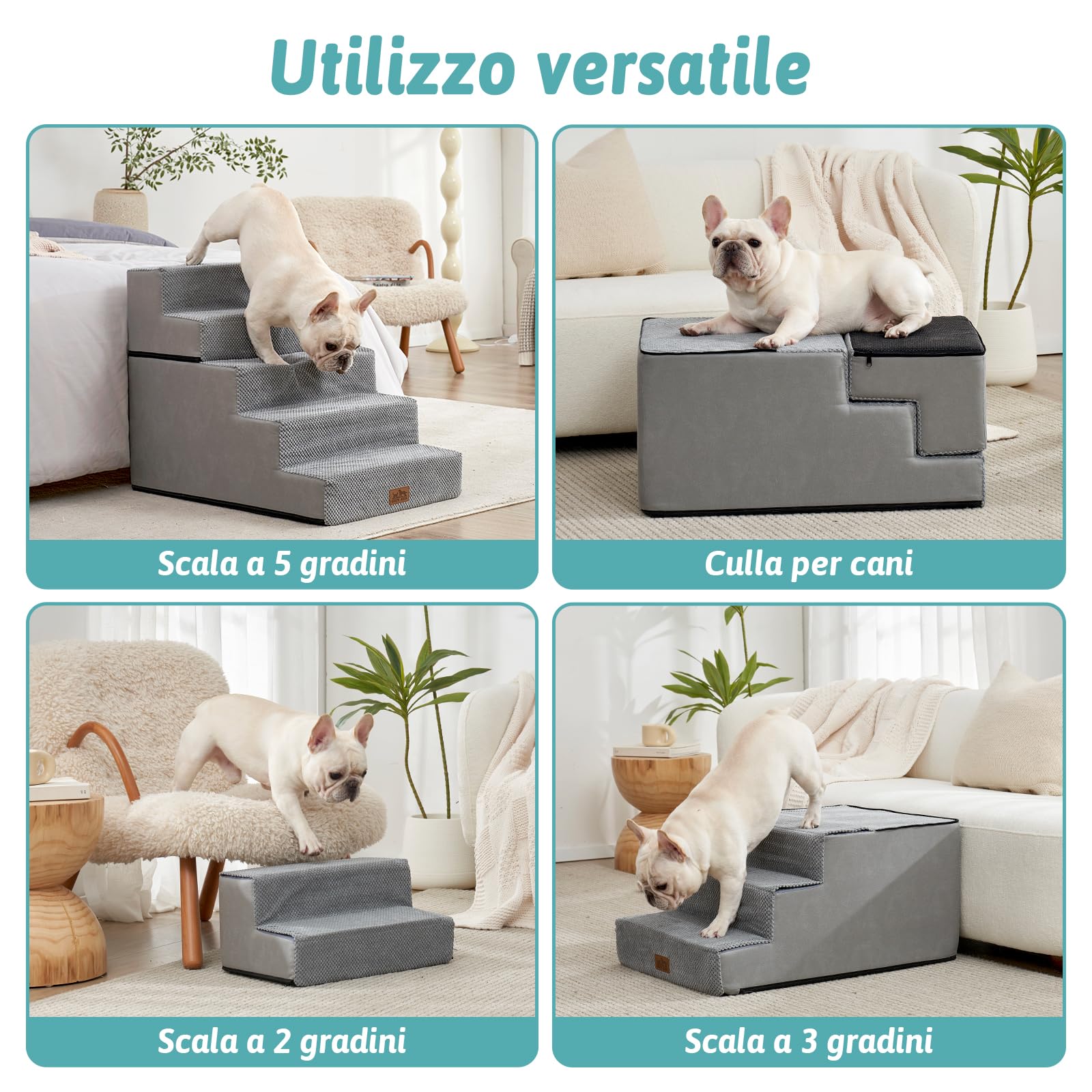 COZY KISS Scala per Cani di Piccola Taglia, Scaletta Cani Domestici a 5 Gradini più Larghe per Divano Letto Auto, 60 cm Altezza Gradini per Gatti in Spugna
