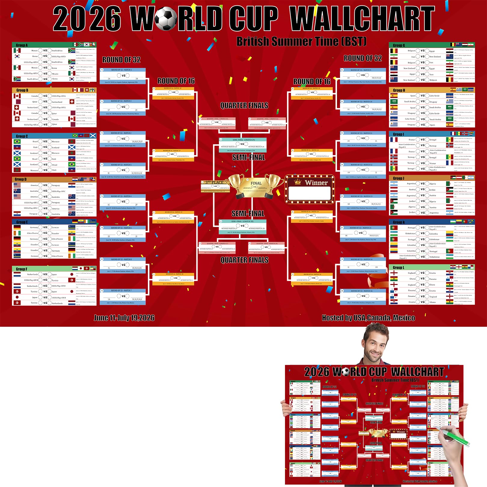 Moorlan World Cup Wall Chart 2026 โ Extra Large 100 x 70cm World Cup Football 2026 Schedule Poster, Premium Thick Vinyl Wall Chart for Home Office Bar Club Party Decorations, Gift for Football Fans