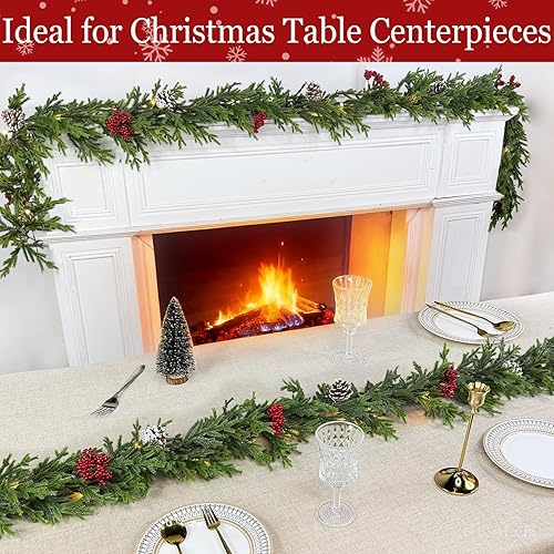 Miniatura 5 de Guirnalda de cedro de Navidad preiluminada de 6 pies con 20 luces LED blancas cálidas, temporizador, piñas rojas y vid suave, guirnalda de Navidad