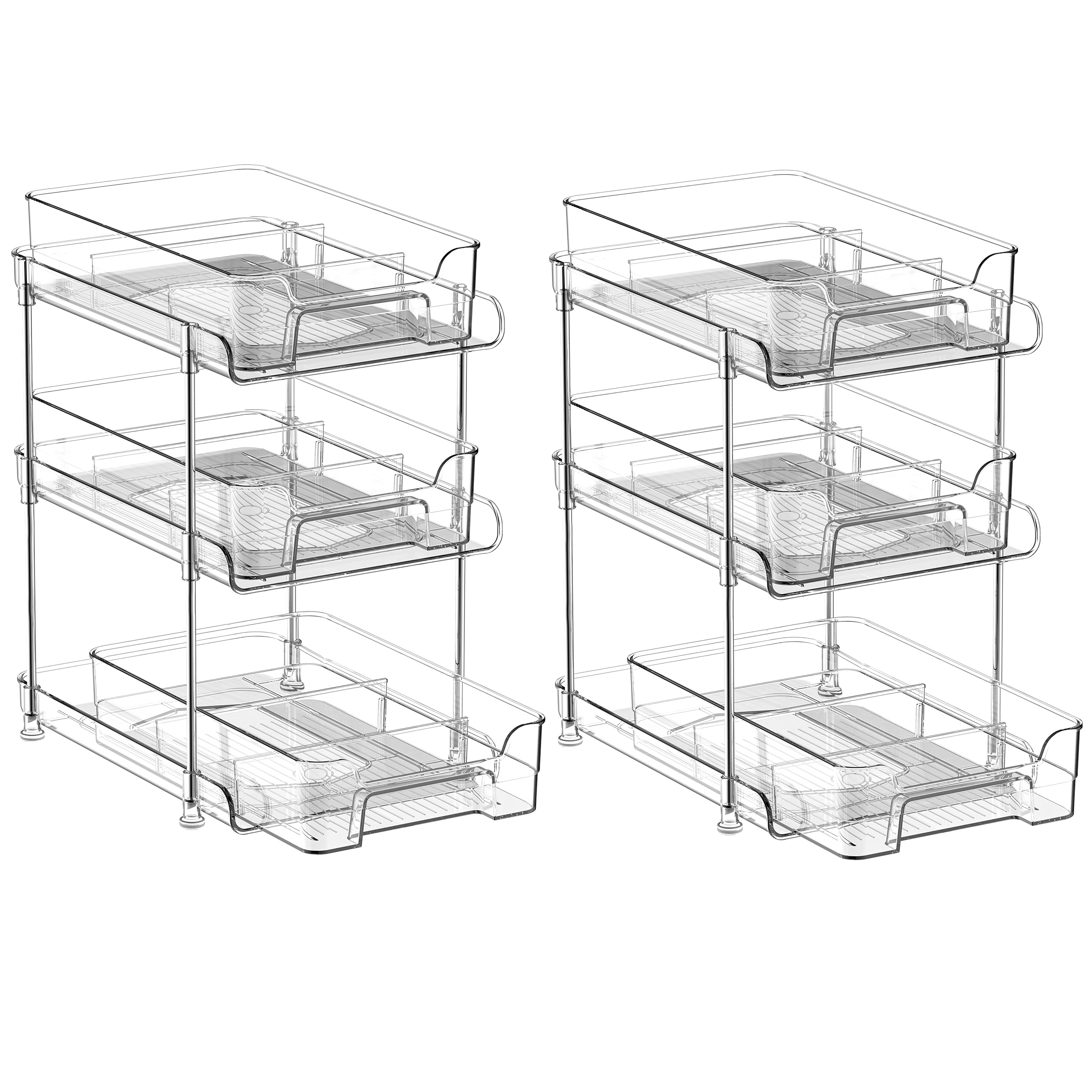 3 Tier Clear Bathroom Organizers with Dividers, Multi- Purpose Pull Out Organizer and Storage, Makeup Organizer, Bathroom Cabinet Organizers, Snack Organizers bin (Clear 2)
