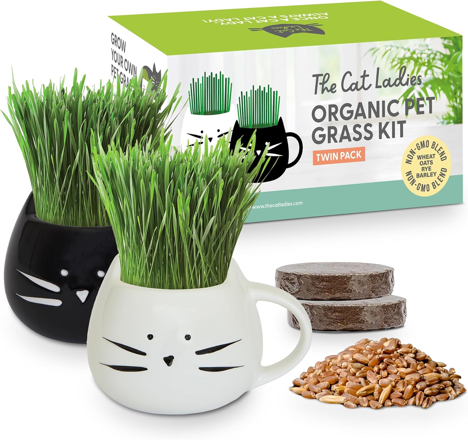 Cat Grass Growing Kit with Organic Seed Mix & Planters