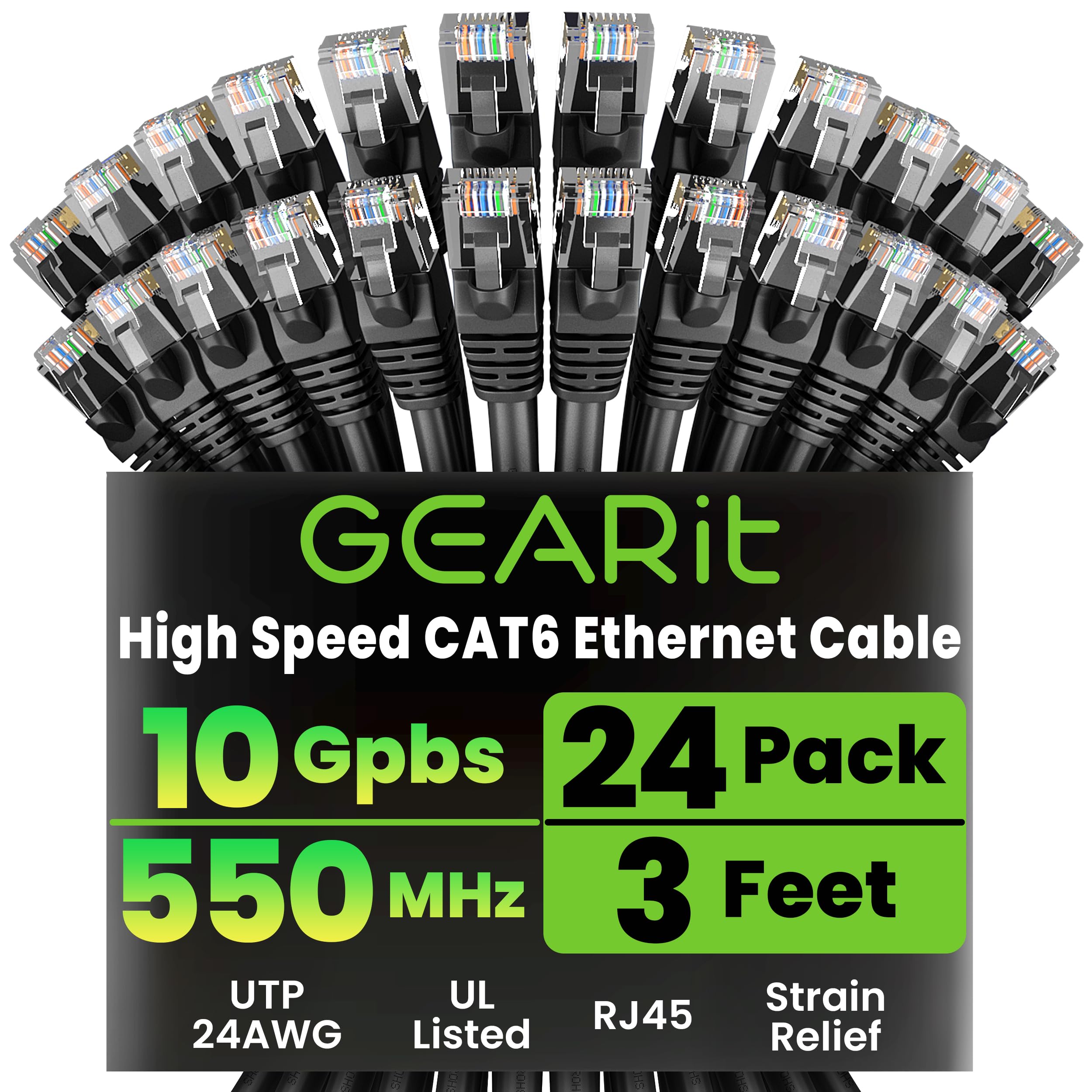 GEARit Cat 6 Ethernet Cable Pack - 24-Pack 3 ft Cat6 Ethernet Patch Cables | RJ45 Network Patch Cable, 10 Gbps Snagless Gold-Plated Connectors - Ethernet Cable Cat 6 for PC, TV, Router - Black