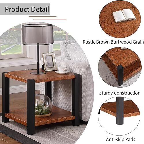 Miniatura 3 de WOKER FURNITURE Mesa auxiliar industrial cuadrada alta de 2 niveles color marrón rústico con almacenamiento de estantes, mesa auxiliar moderna para