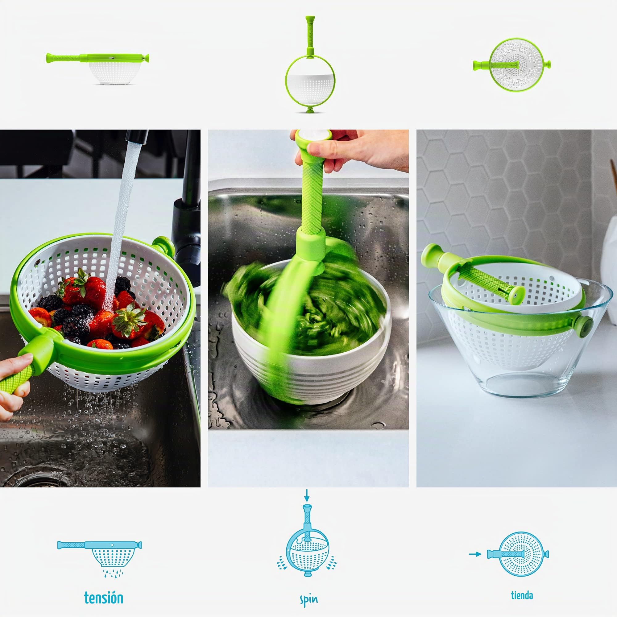 Dreamfarm Spina - Colador de ensalada plegable 2 en 1, fácil de usar, para ensaladas, frutas, verduras, lechuga, color blanco/verde | Colador para ensaladas, verduras, bayas y pasta, antideslizante, mango de fácil agarre, color blanco y verde