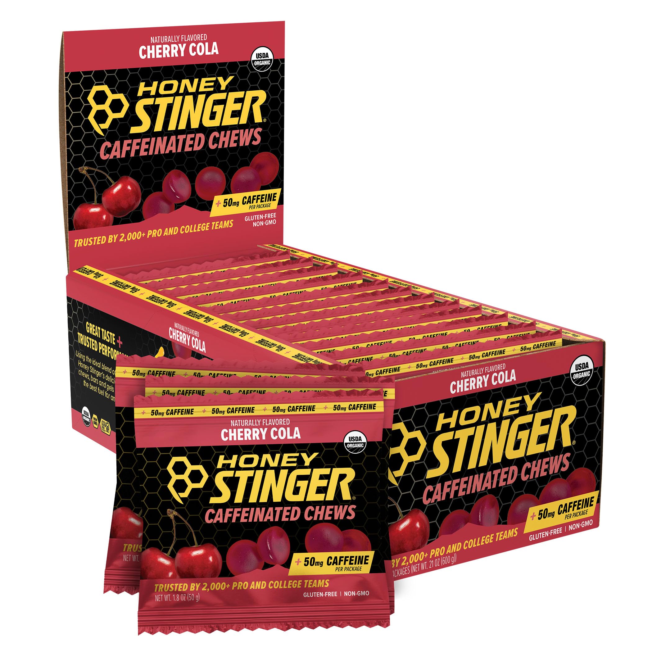 Honey Stinger Cherry Cola Caffeinated Energy Chew | Gluten Free | With Caffeine | For Exercise, Running and Performance | Sports Nutrition for Home & Gym, Pre and Mid Workout | 12 Pack, 23.2 Ounce
