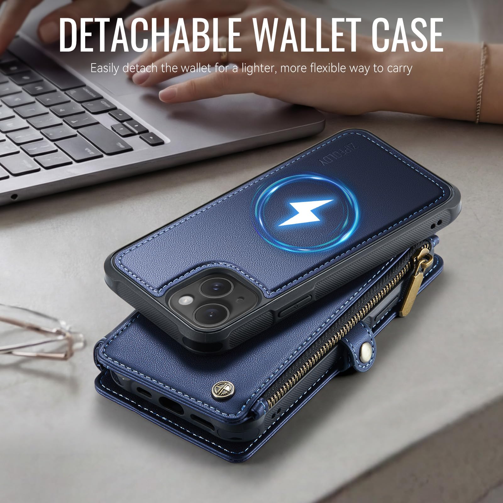 per iPhone 14 - Custodia a portafoglio magnetica staccabile, blu | Compatibile con Magsafe, porta carte di credito con blocco RFID, tasca con cerniera, cinturino da polso